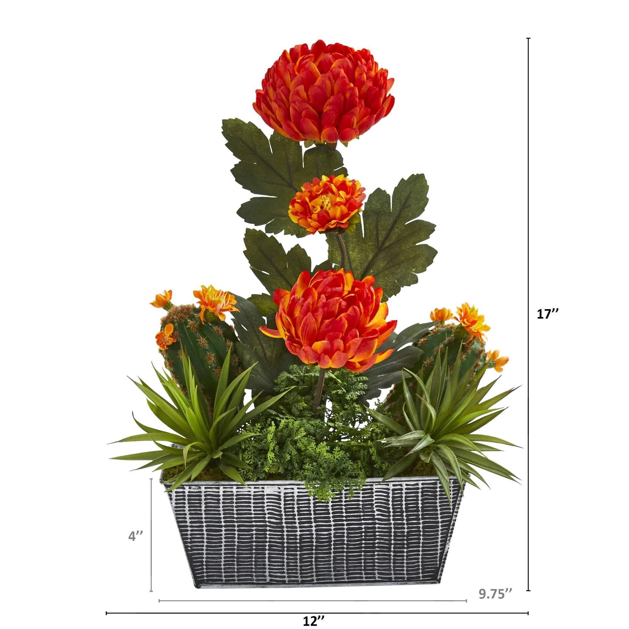 17” Mum and Succulent Artificial Arrangement in Embossed Tin Vase - Image 2