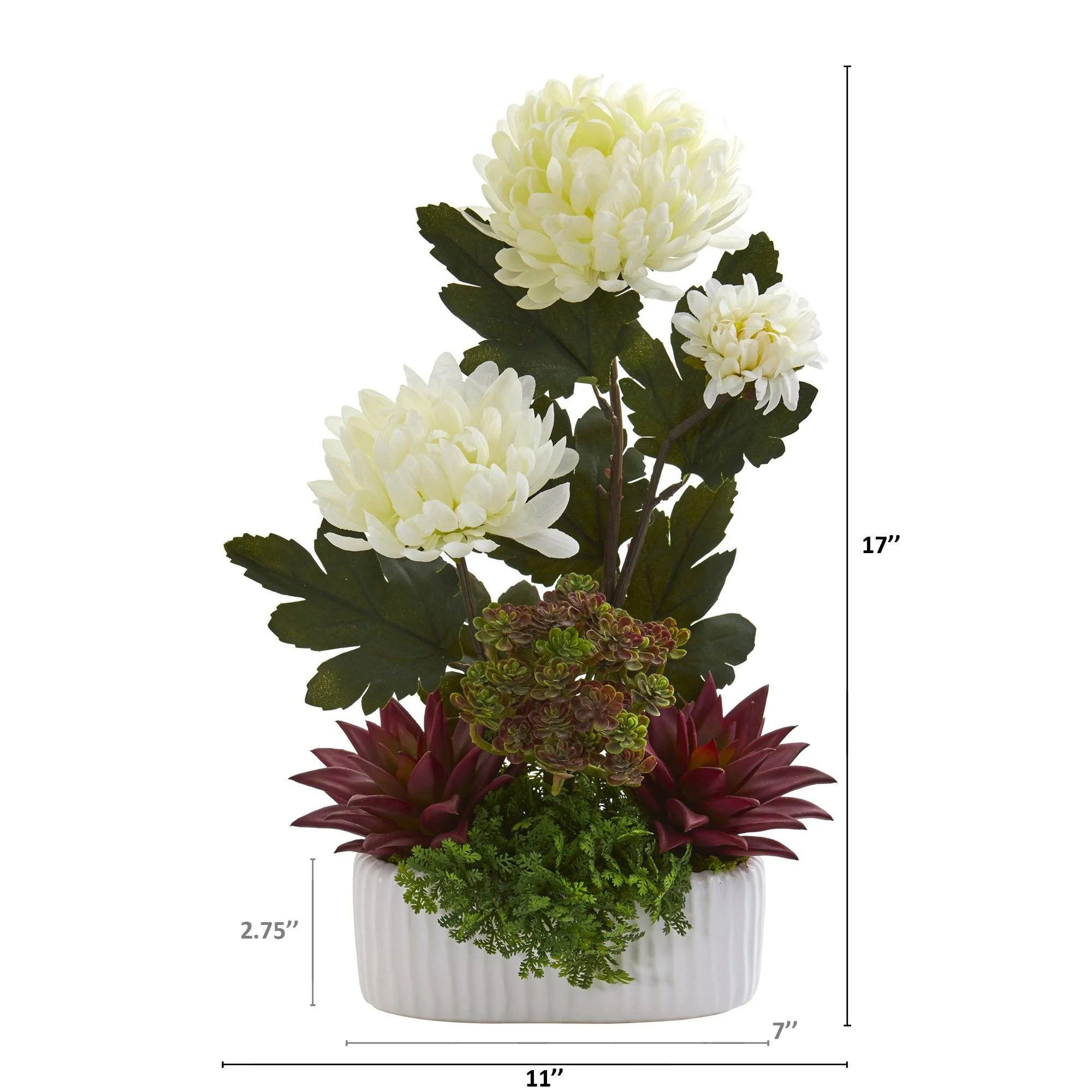17” Mum and Succulent Artificial Arrangement in White Vase - Image 2