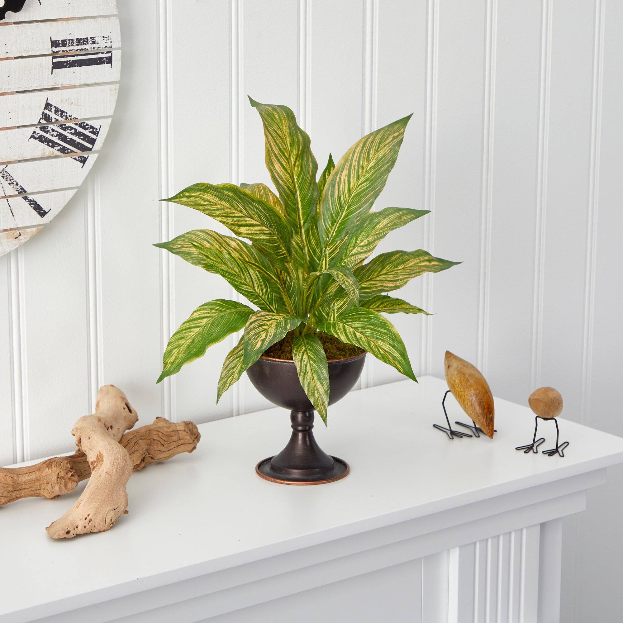 17” Musa Leaf Artificial Plant in Metal Chalice - Image 3
