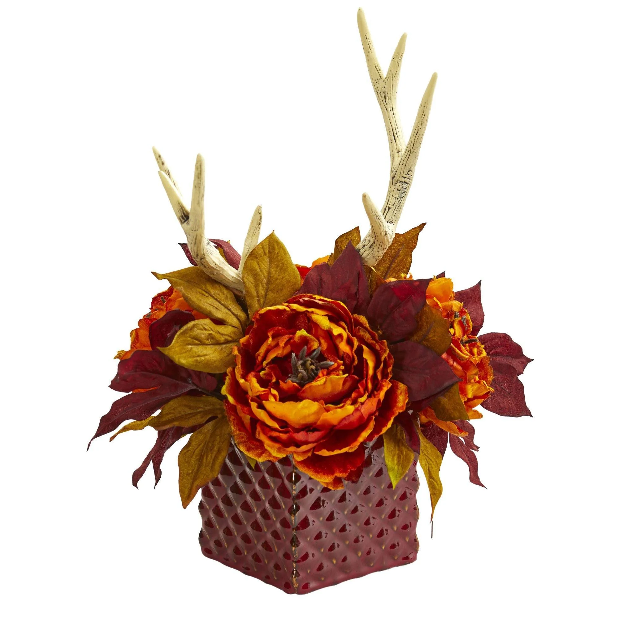 Peony and Antlers Artificial Arrangement in Red Vase - Image 2