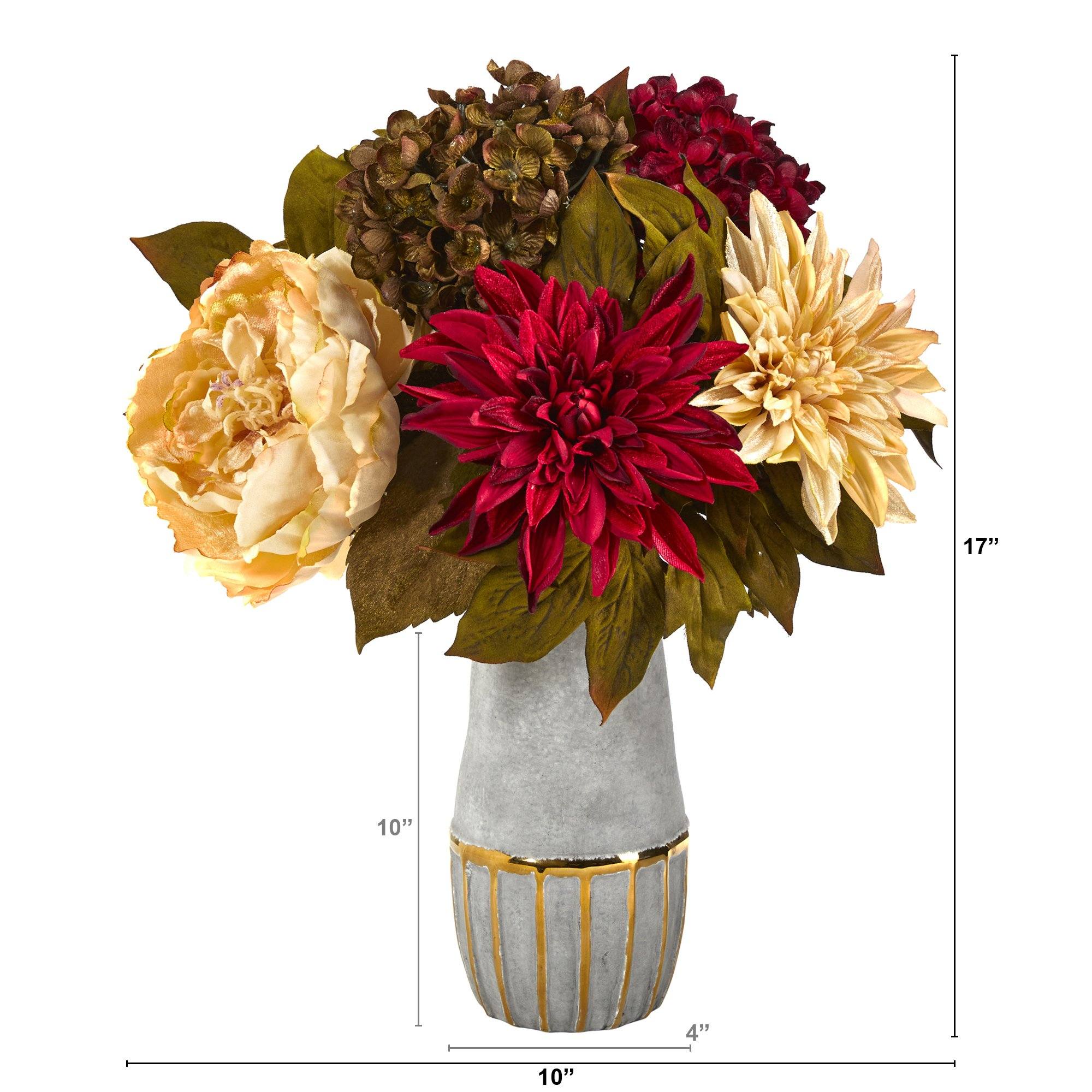 17” Peony, Hydrangea and Dahlia Artificial Arrangement in Stoneware Vase with Gold Trimming - Image 3