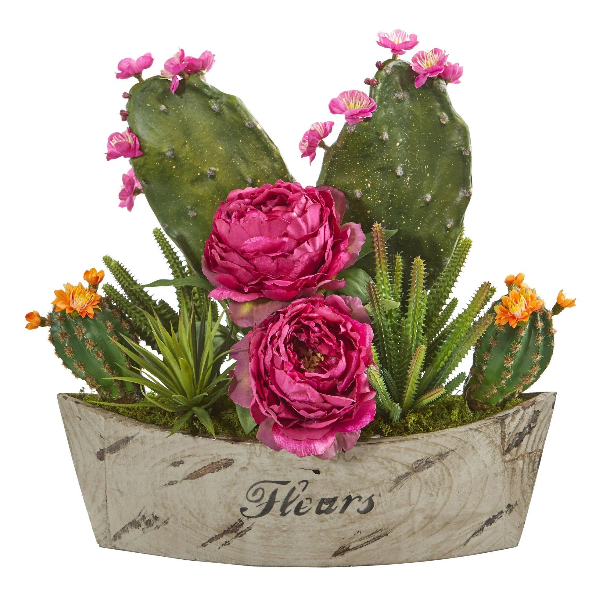 17” Peony, Succulent and Cactus Arrangement in Vase - Image 2