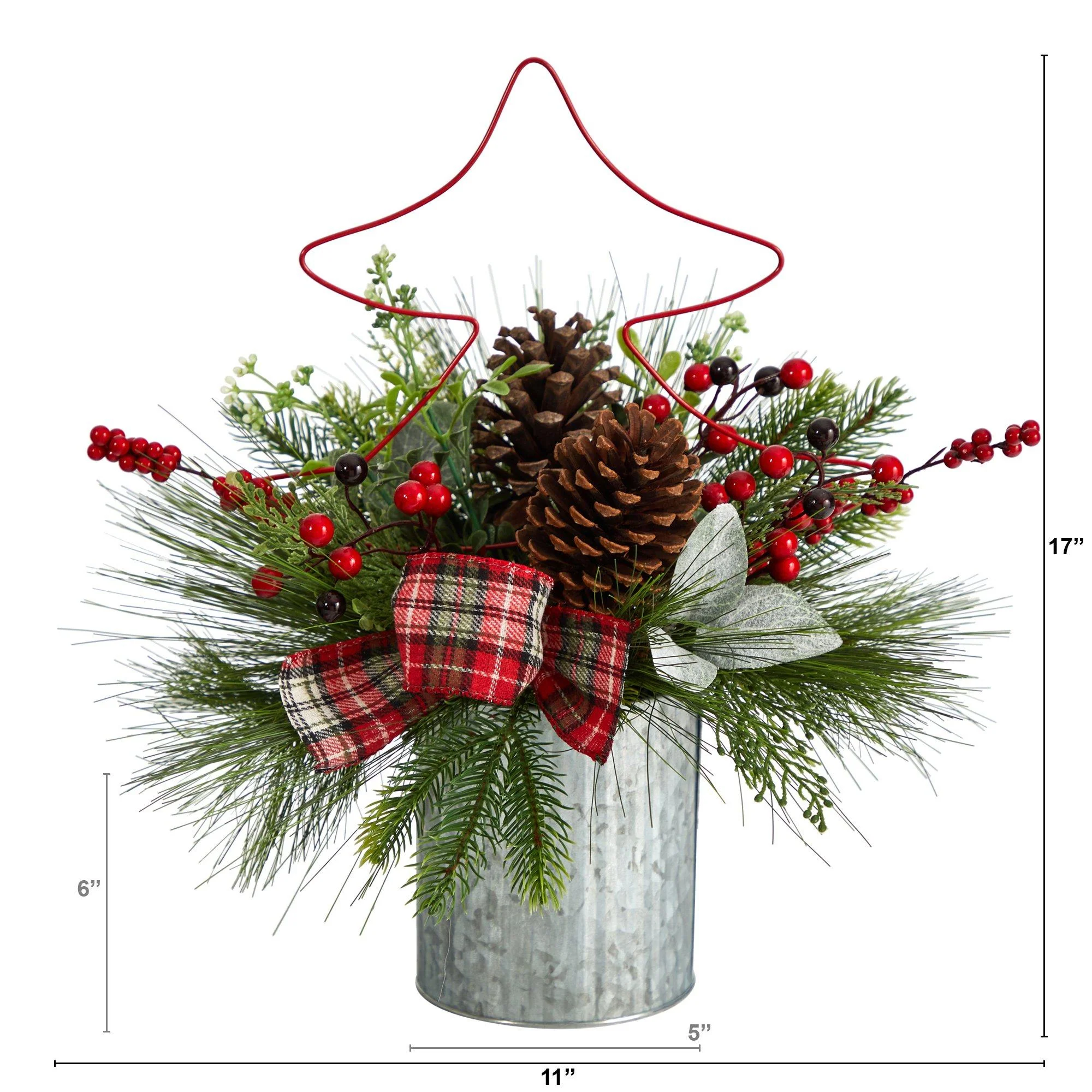 17” Pinecone and Berries Arrangement with Decorative Metal Vase and Wrired Red Tree - Image 2