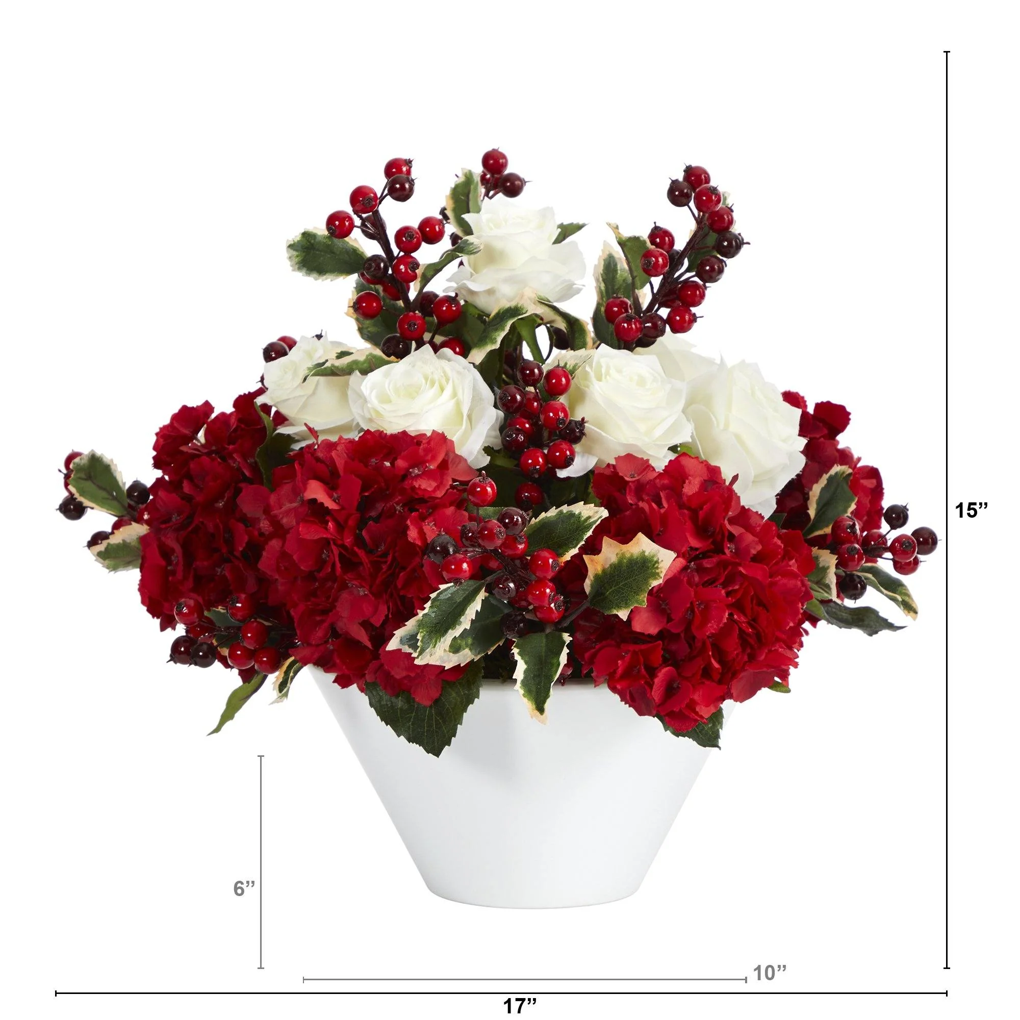 17” Rose, Hydrangea and Holly Berry Artificial Arrangement in White Vase - Image 2