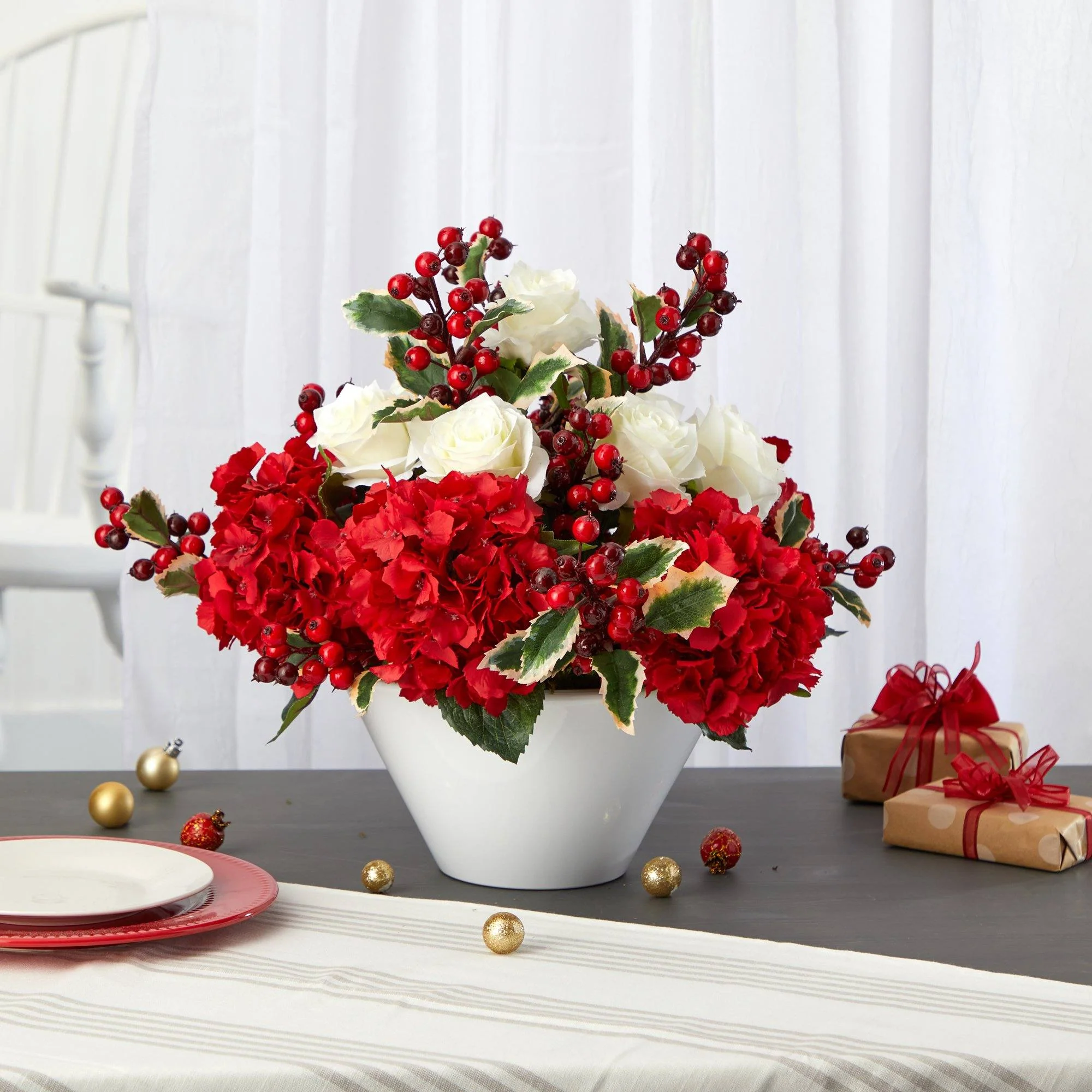 17” Rose, Hydrangea and Holly Berry Artificial Arrangement in White Vase - Image 3