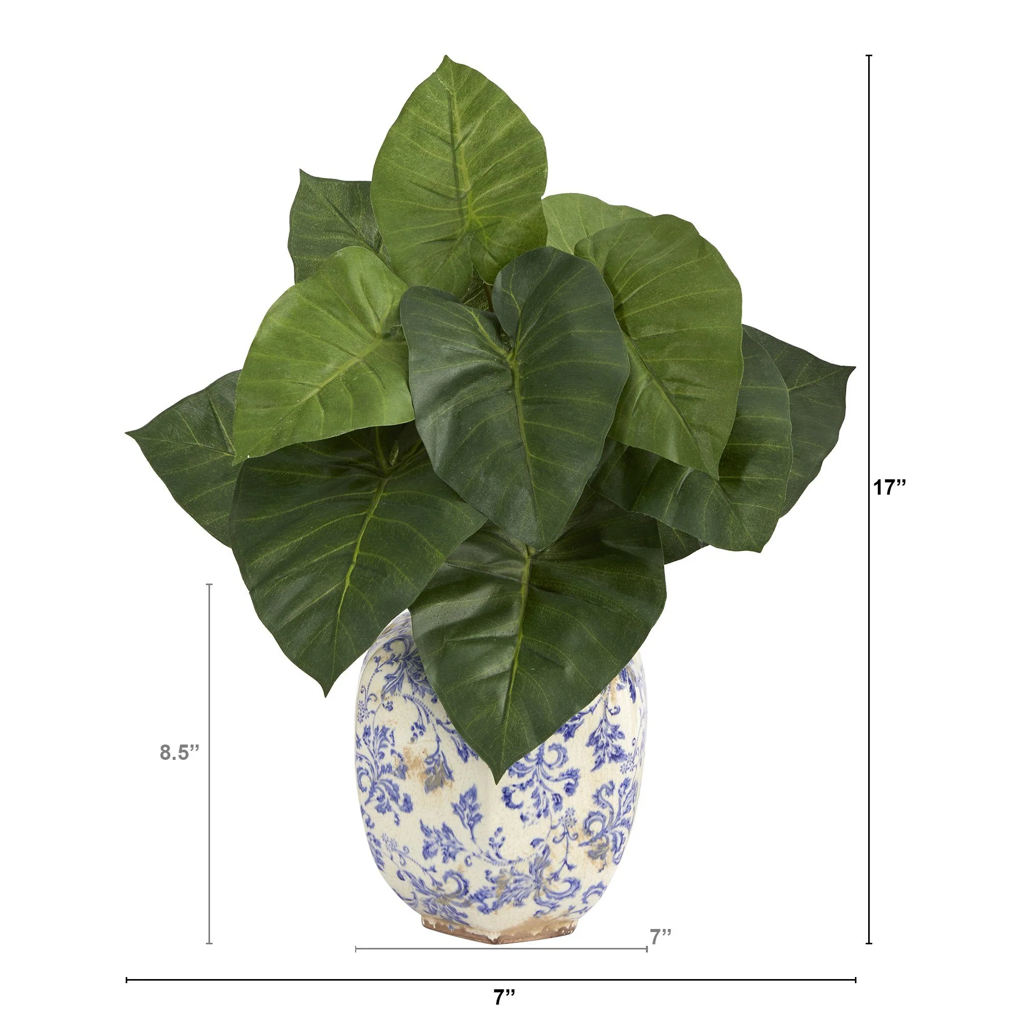 17” Taro Artificial Plant in Blue and White Print Planter - Image 3