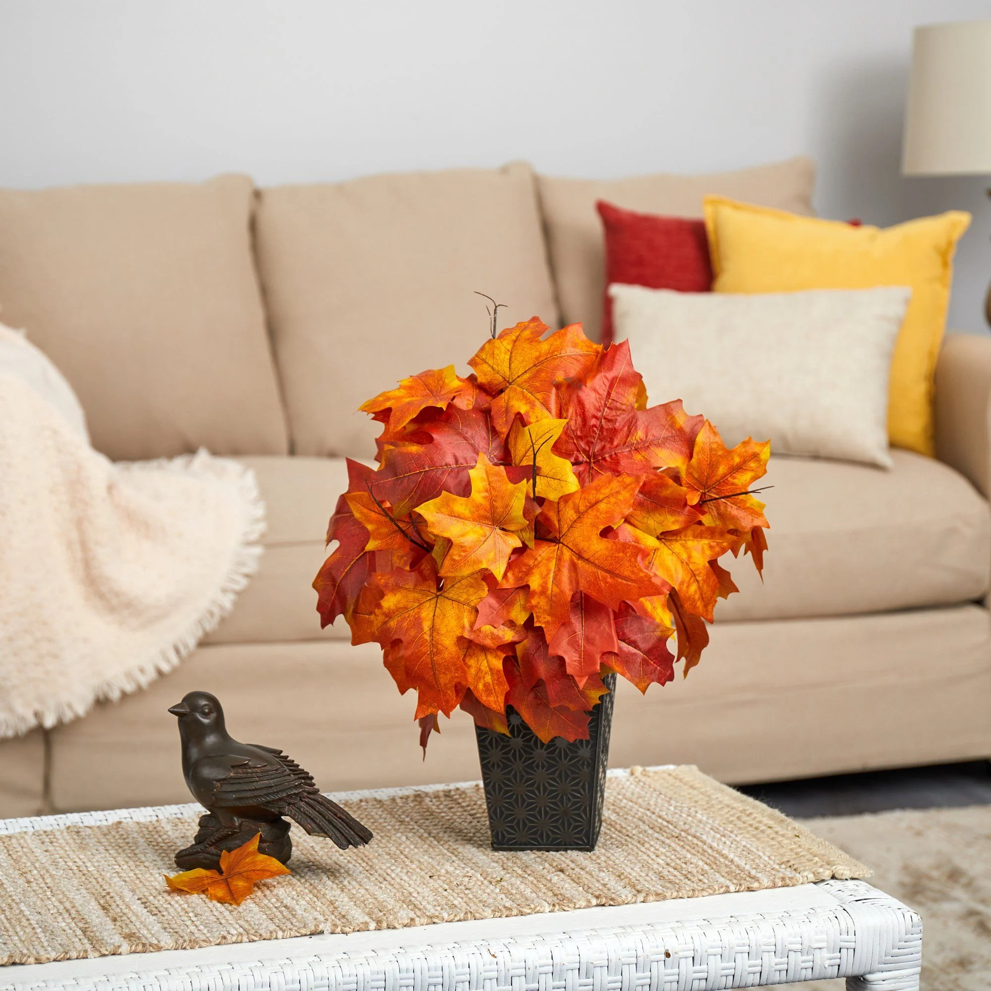 18” Autumn Maple Leaf Artificial Plant in Embossed Black Planter - Image 2