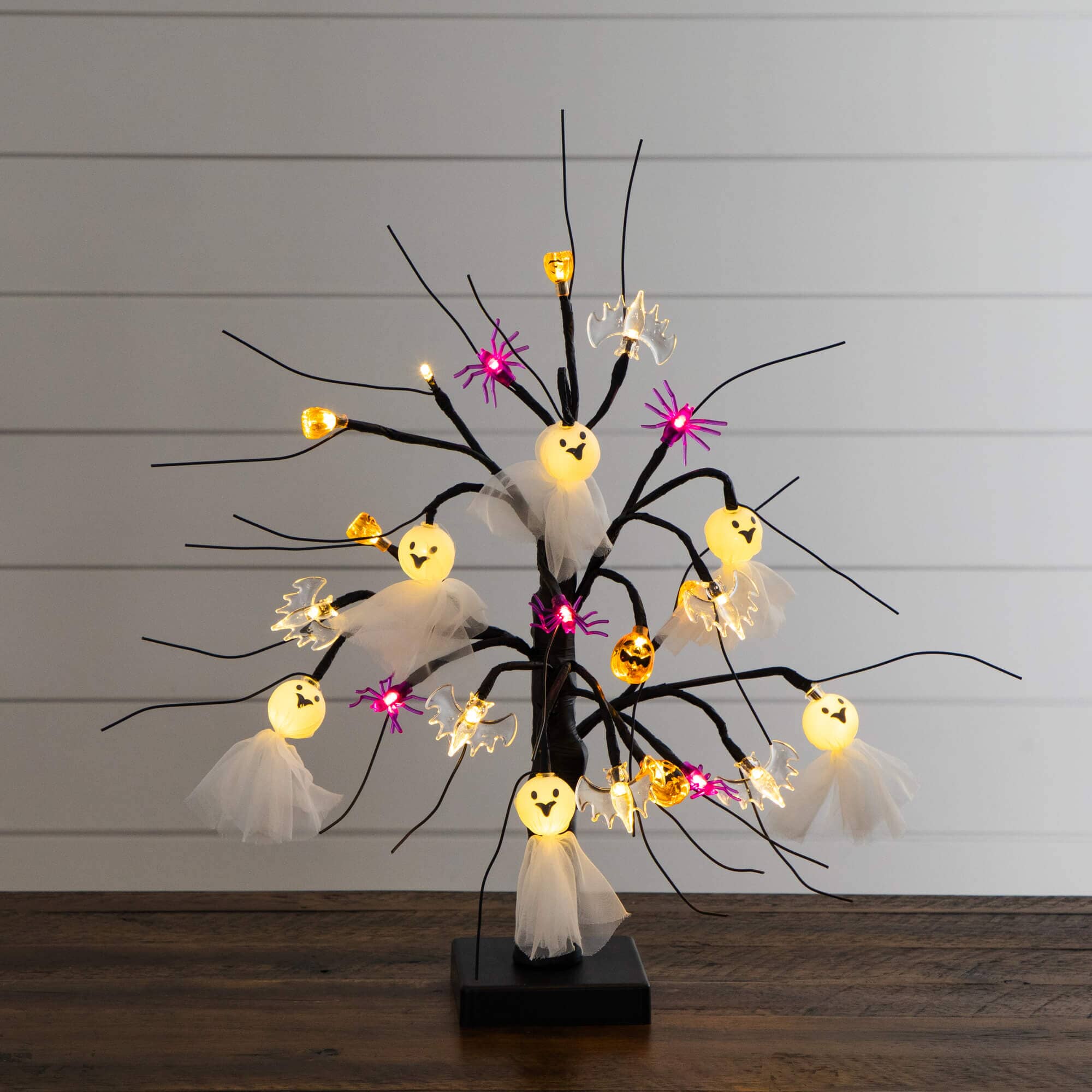 18" Pre-Lit Artificial Halloween Ghost Dolls, Spiders, Bats & Pumpkins 24 LED Lighted Ornament Tree - Image 3
