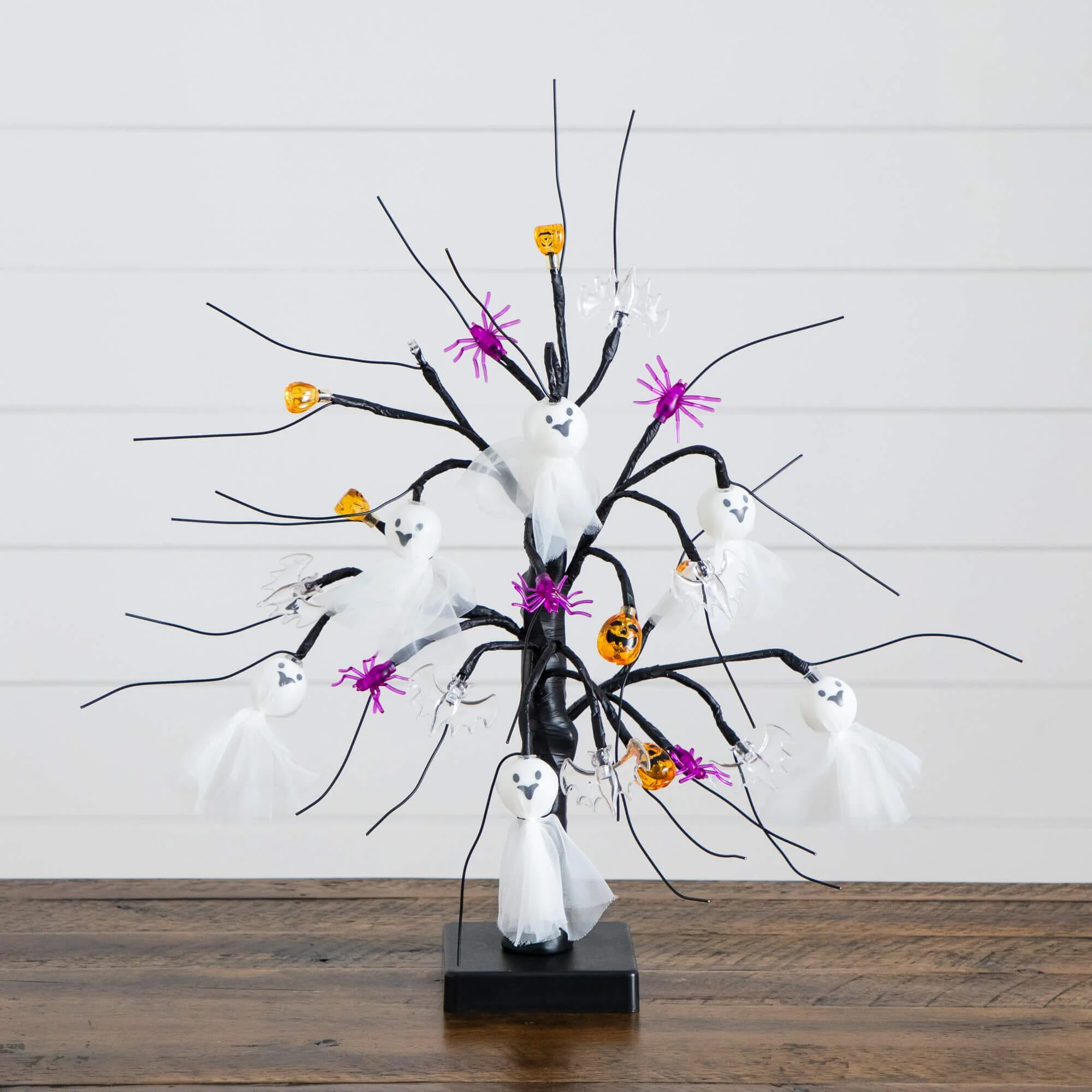 18" Pre-Lit Artificial Halloween Ghost Dolls, Spiders, Bats & Pumpkins 24 LED Lighted Ornament Tree - Image 4