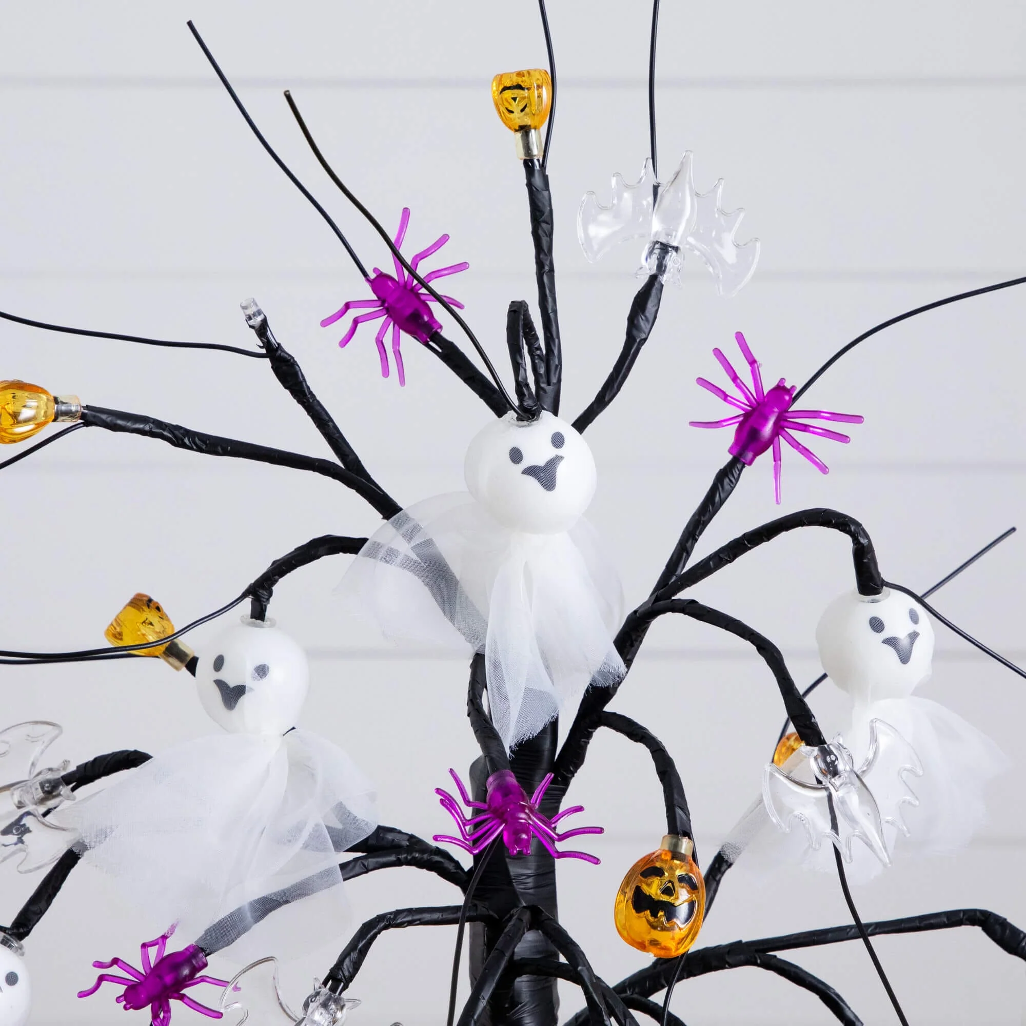 18" Pre-Lit Artificial Halloween Ghost Dolls, Spiders, Bats & Pumpkins 24 LED Lighted Ornament Tree - Image 5