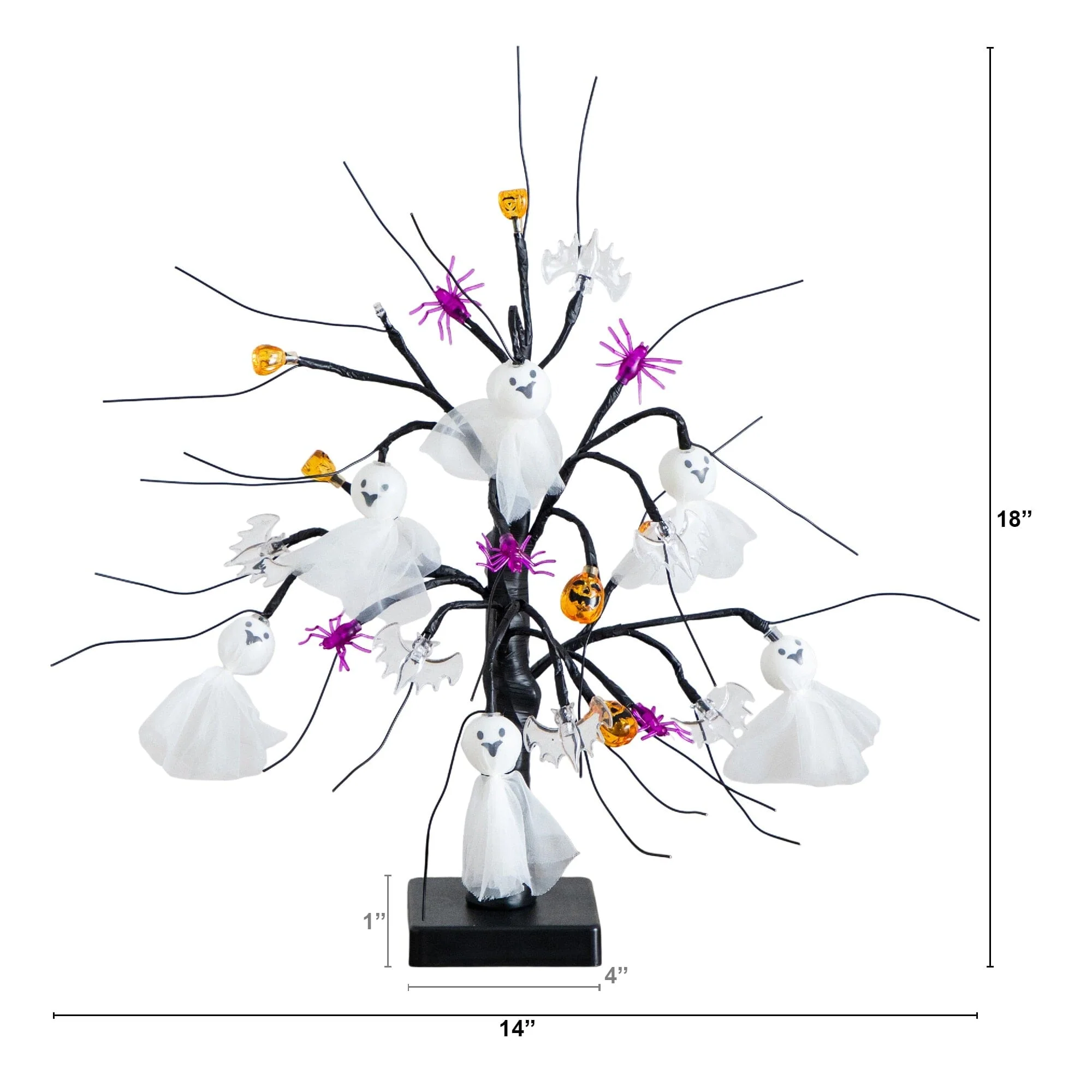 18" Pre-Lit Artificial Halloween Ghost Dolls, Spiders, Bats & Pumpkins 24 LED Lighted Ornament Tree - Image 7