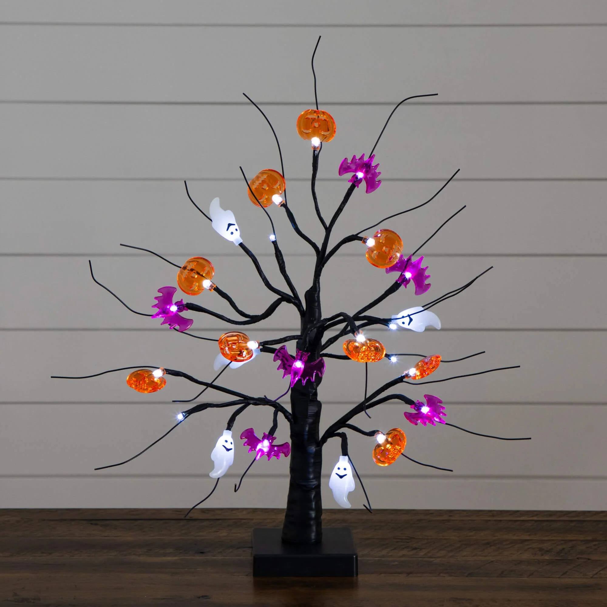 18" Pre-Lit Artificial Halloween Ghost, Bats & Pumpkins 24 LED Lighted Ornament Tree