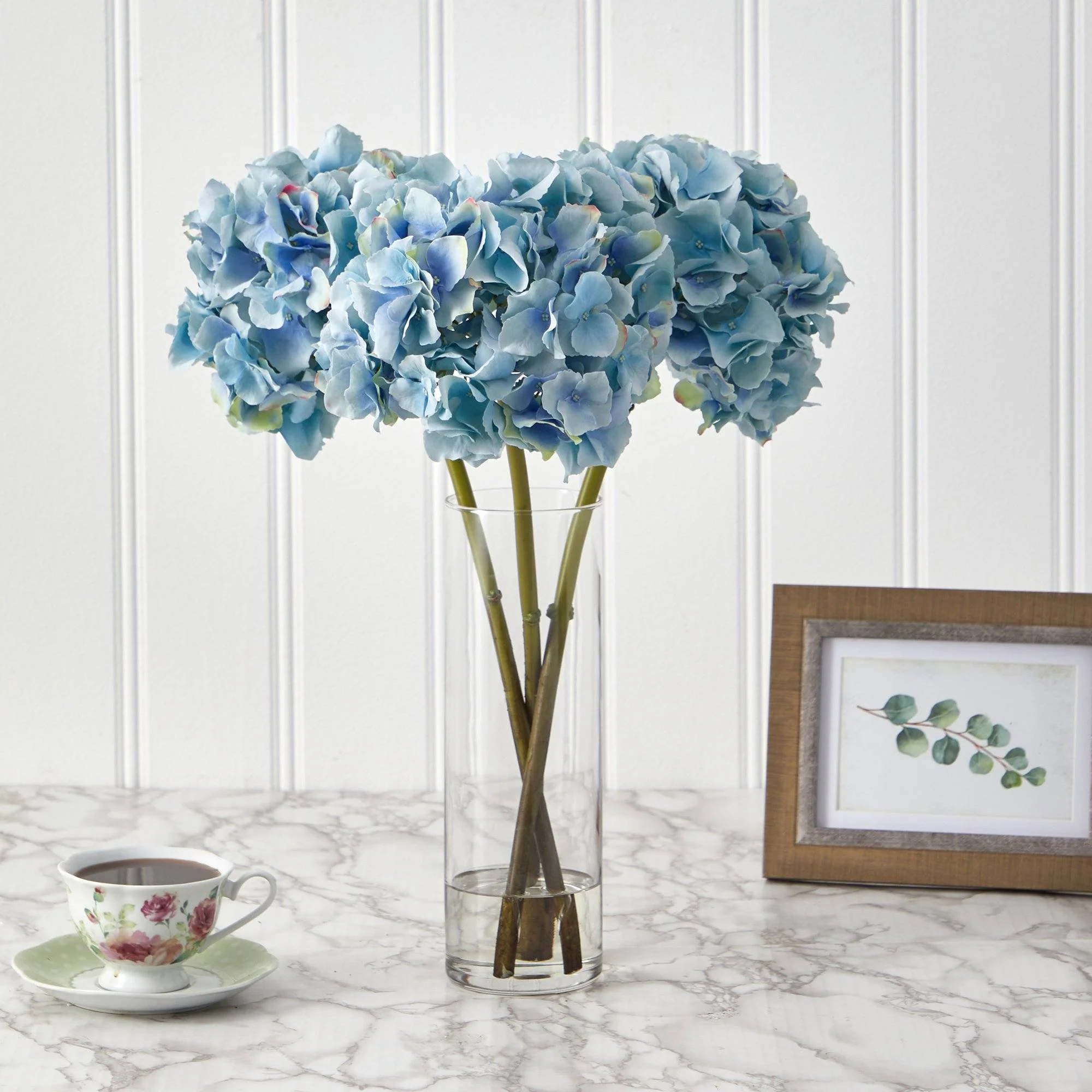 18” Blue Hydrangea Faux Flower Arrangement in Cylinder Glass Vase - Image 2