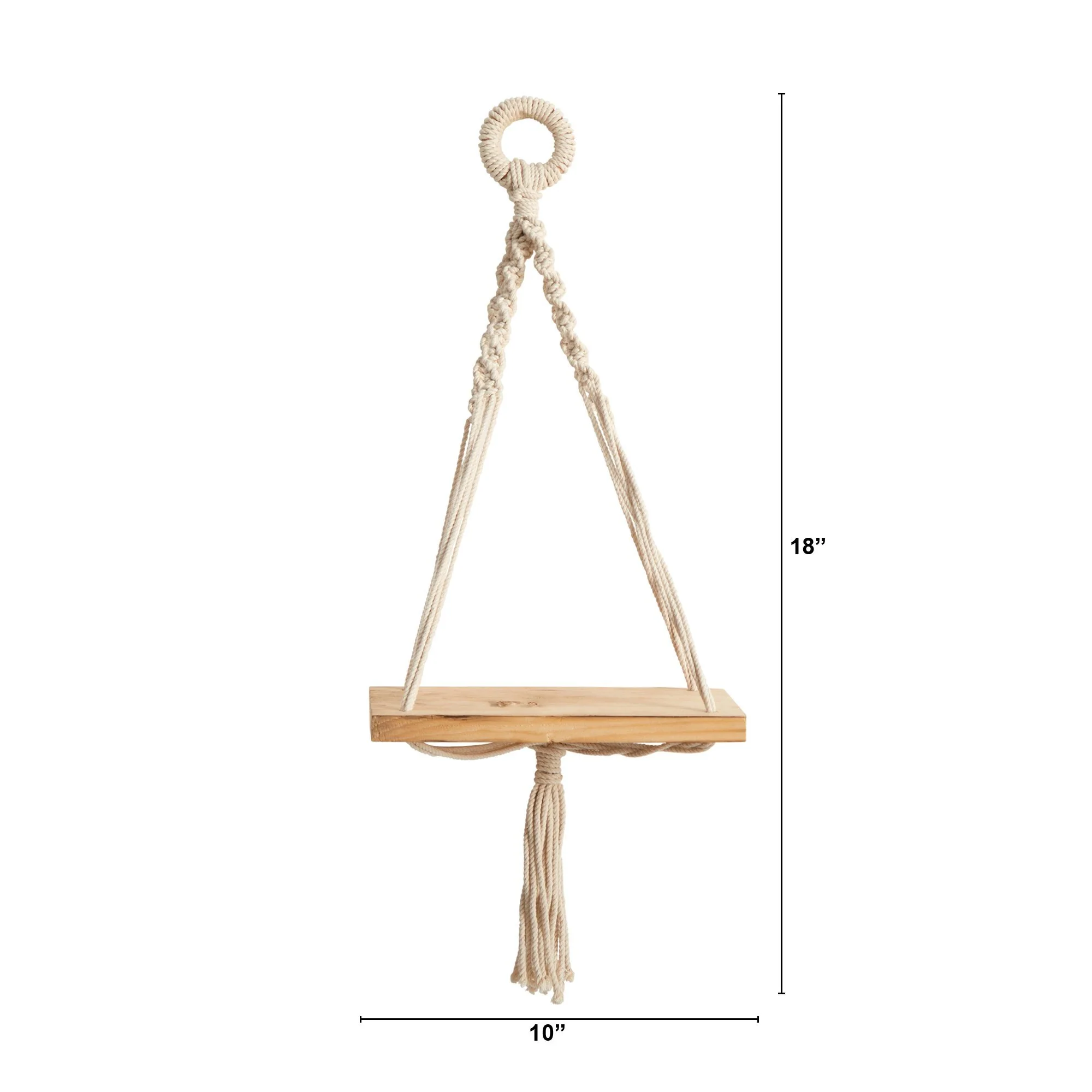 18" Boho Chic Wood Macrame Single Shelf Wall Art Decor" - Image 2