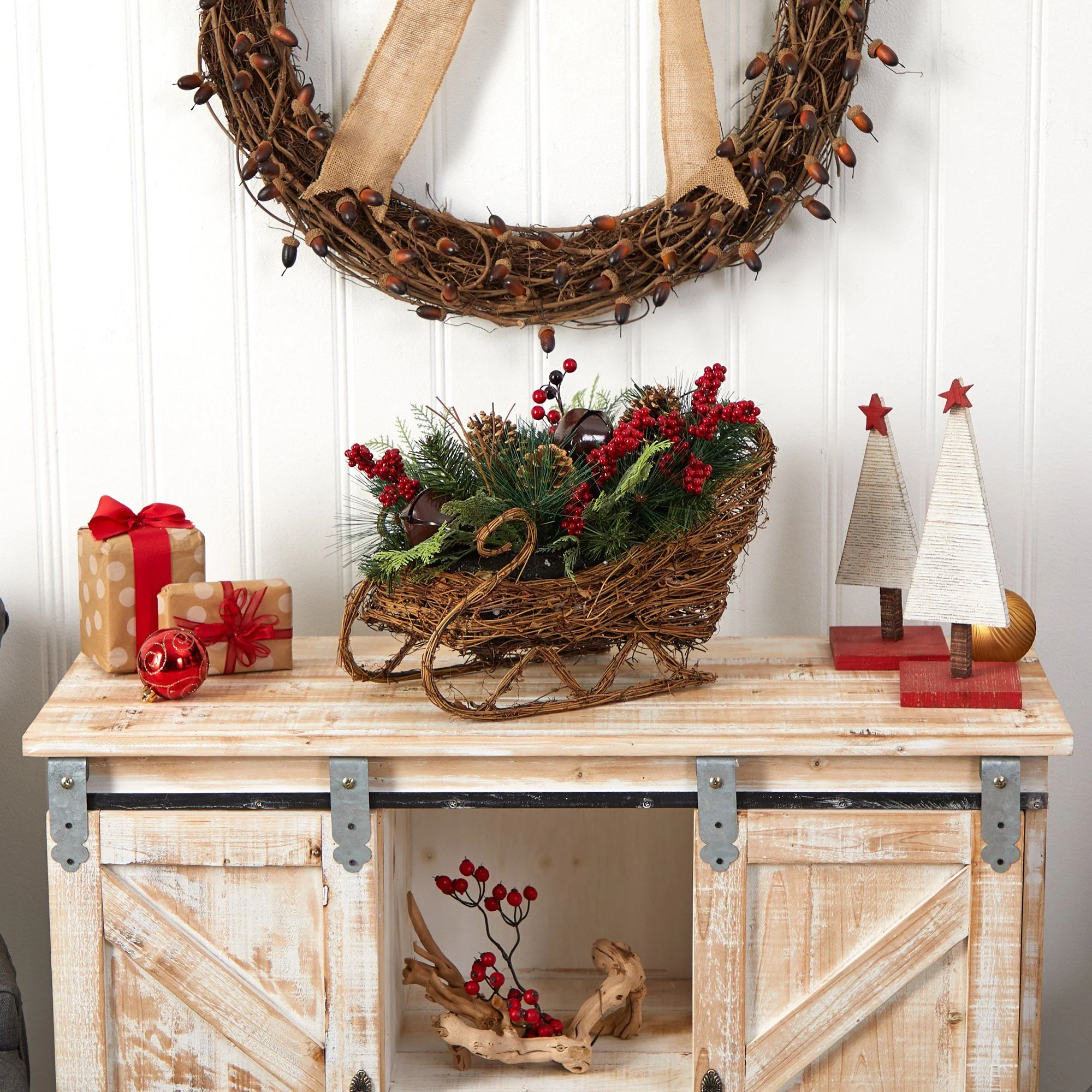 18” Christmas Sleigh with Pine, Pinecones and Berries Artificial Christmas Arrangement - Image 3