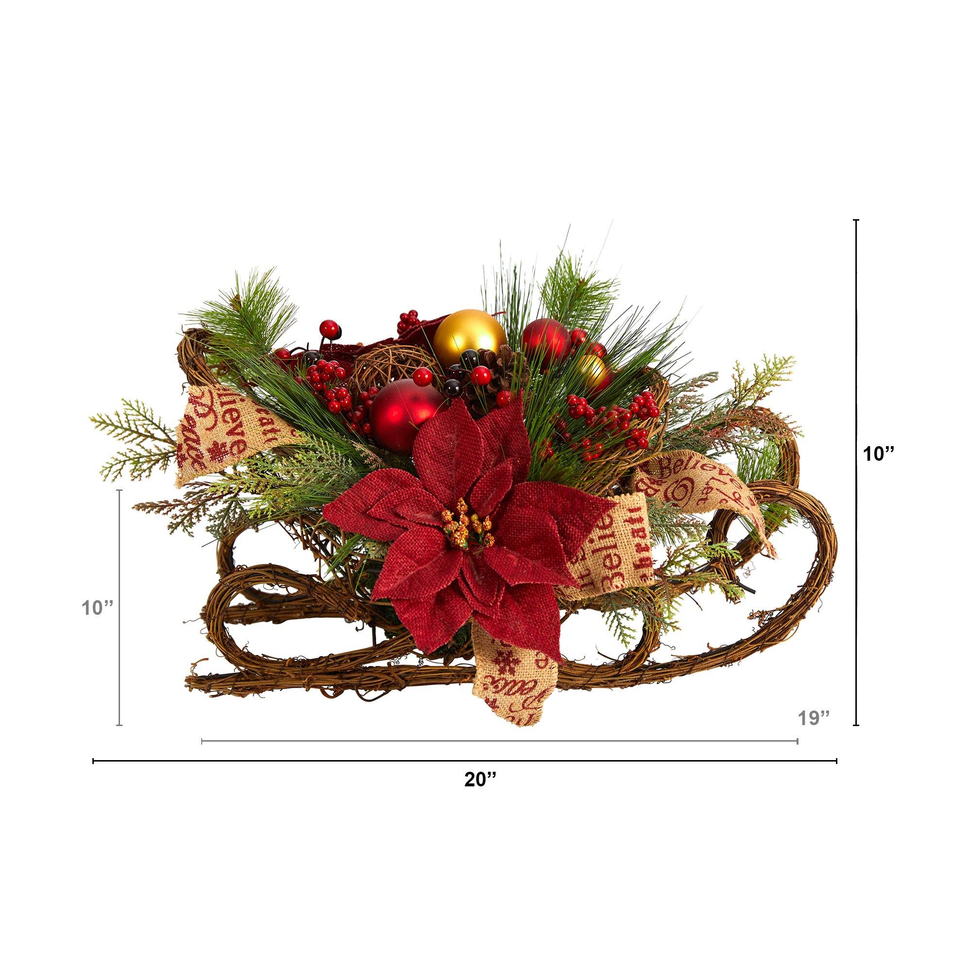 18” Christmas Sleigh with Poinsettia, Berries and Pinecone Artificial Arrangement with Ornaments - Image 2