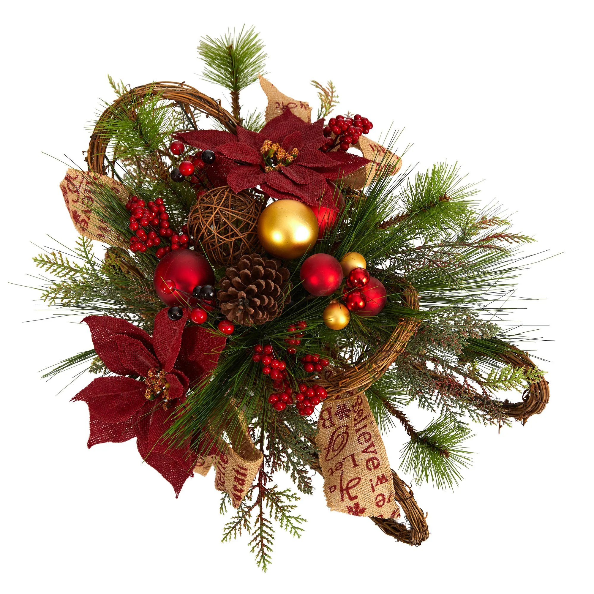 18” Christmas Sleigh with Poinsettia, Berries and Pinecone Artificial Arrangement with Ornaments - Image 4