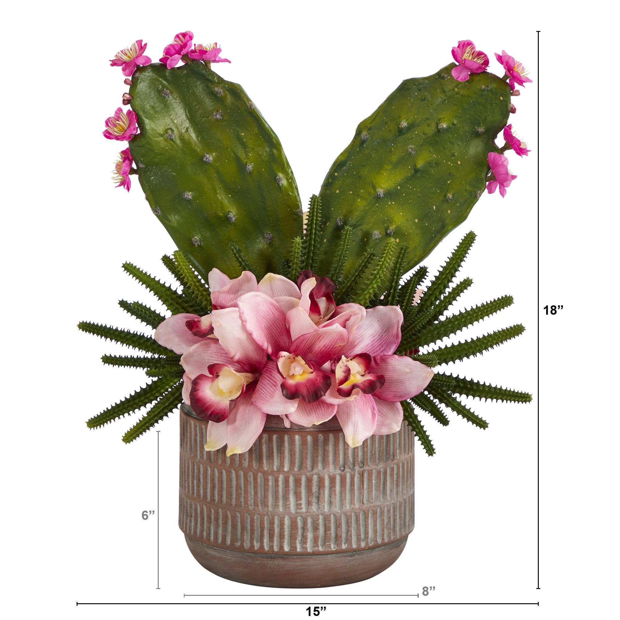 18” Cymbidium Orchid and Cactus Artificial Arrangement in Stoneware Vase - Image 2