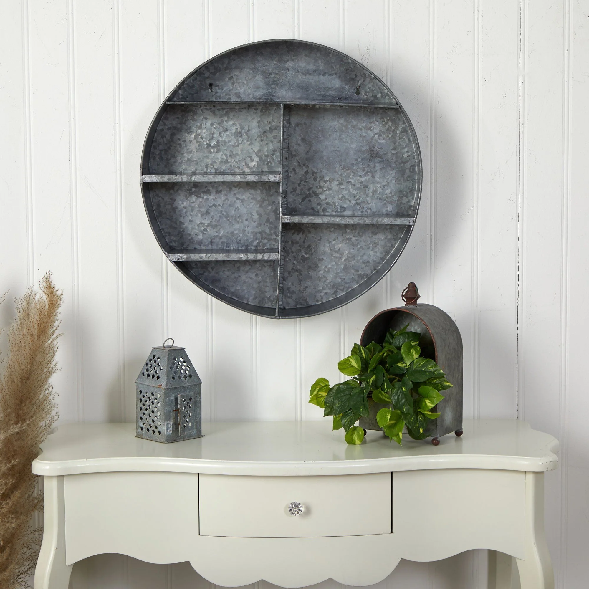 18” Galvanized Circular Metal Wall Mounted Shelf with Four Tier Shelves - Image 4