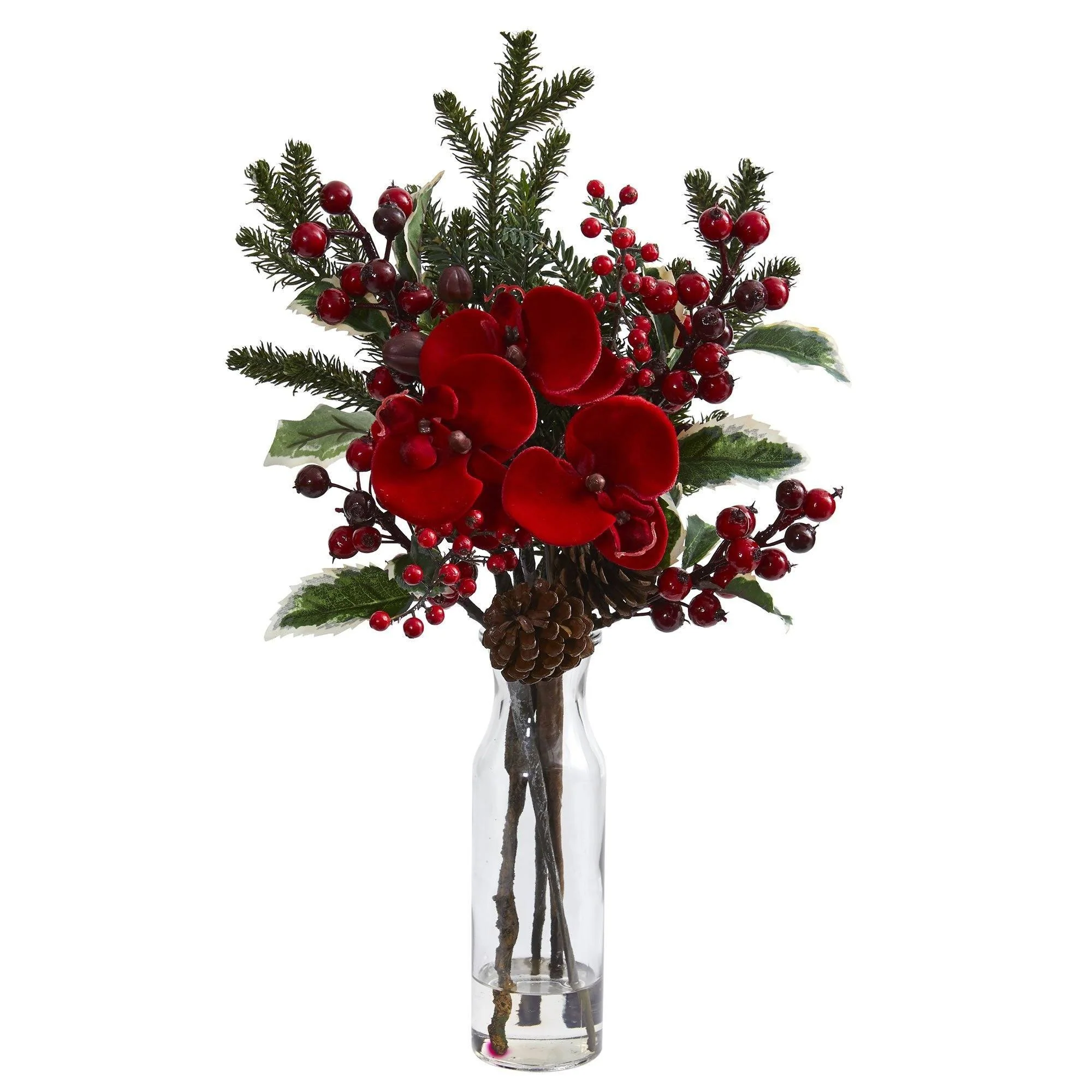 Holly Berry and Orchid Artificial Arrangement in Vase (Set of 2) - Image 2