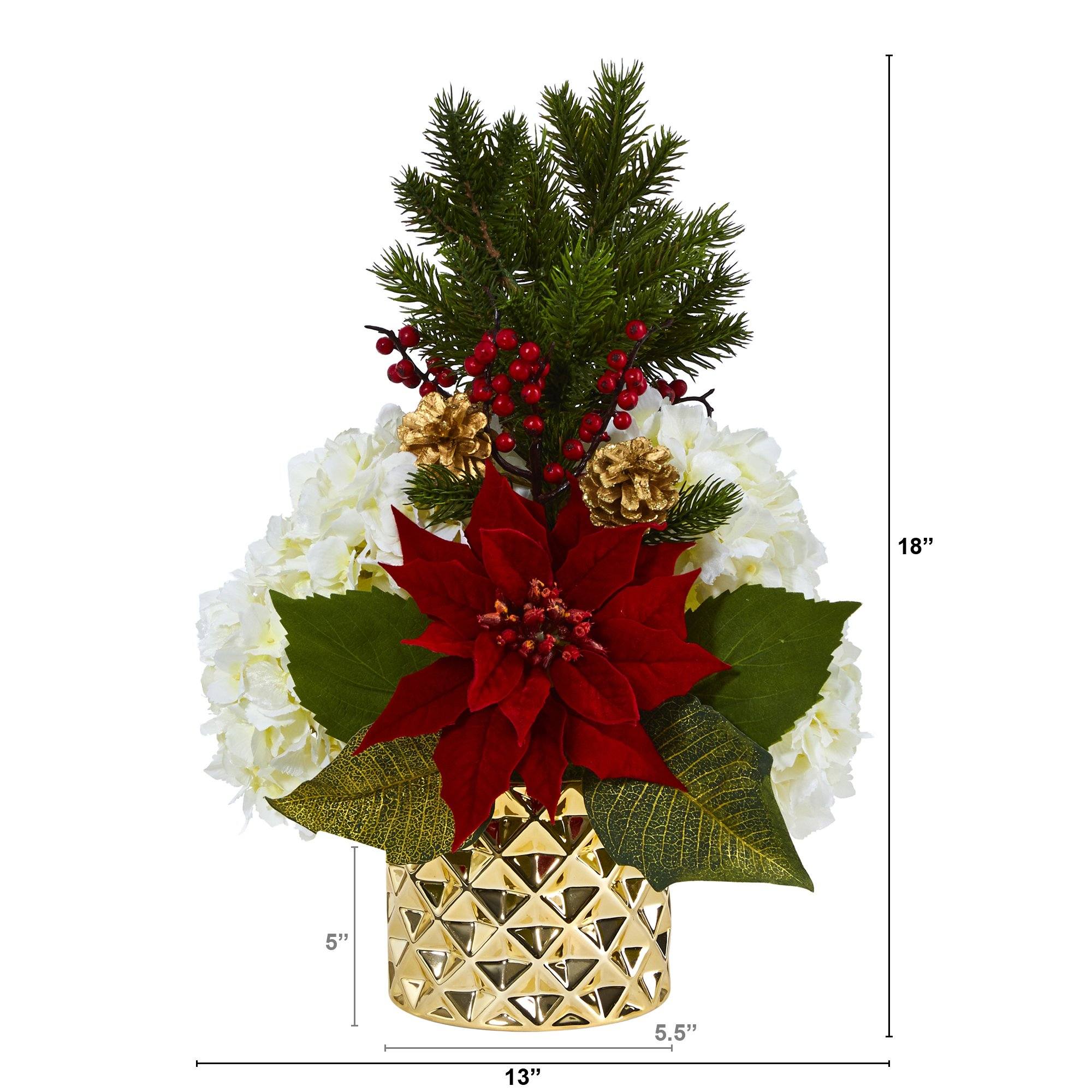 18” Hydrangea, Poinsettia, Berry and Pine Artificial Arrangement in Gold Vase - Image 3