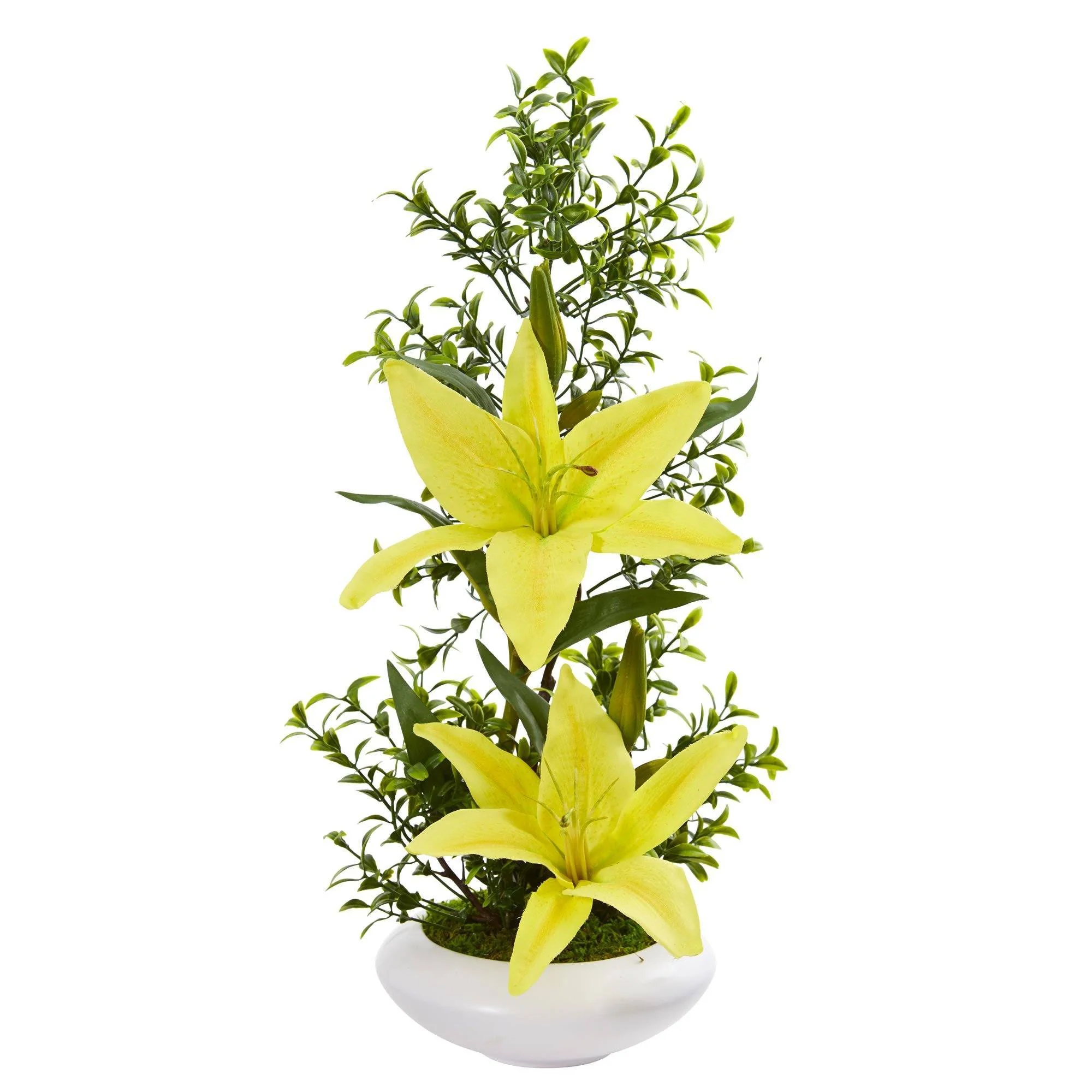 Lily and Boxwood Artificial Arrangement in White Planter - Image 4