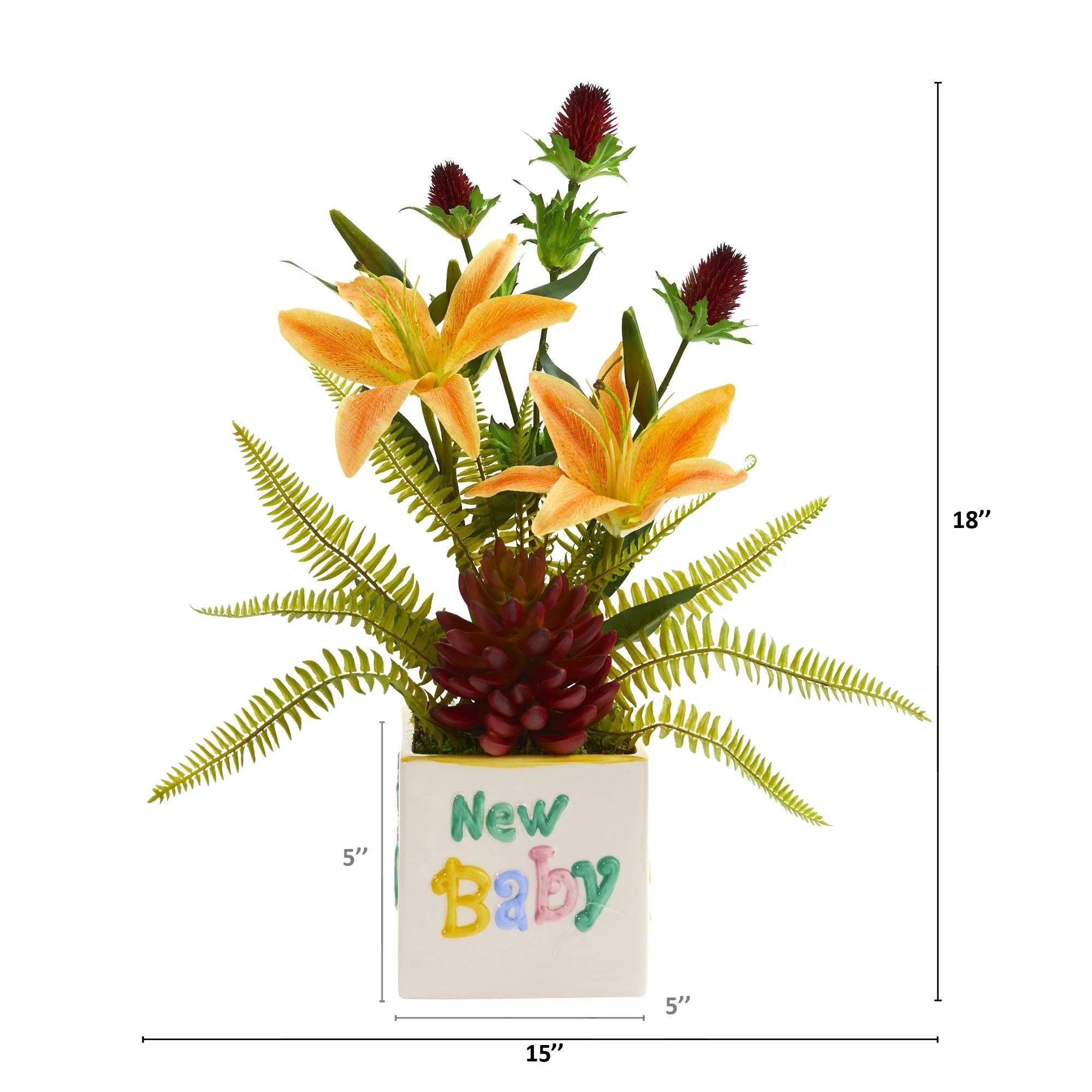 18” Lily, Thistle and Succulent Artificial Arrangement in Vase - Image 2