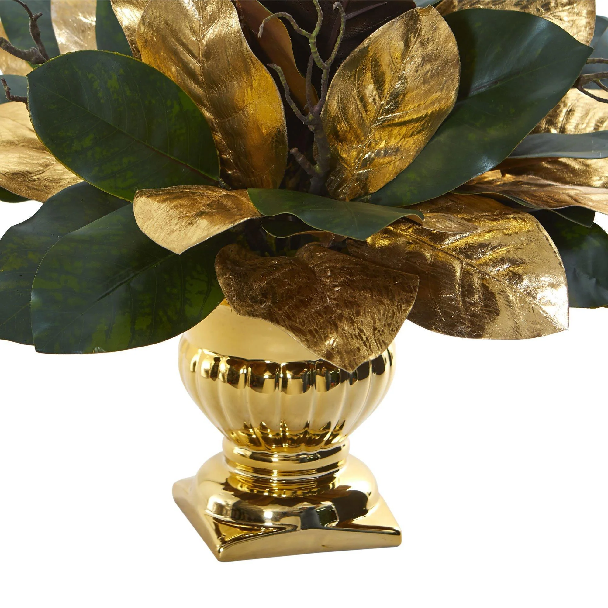 18” Magnolia Leaf Artificial Arrangement in Gold Planter - Image 2