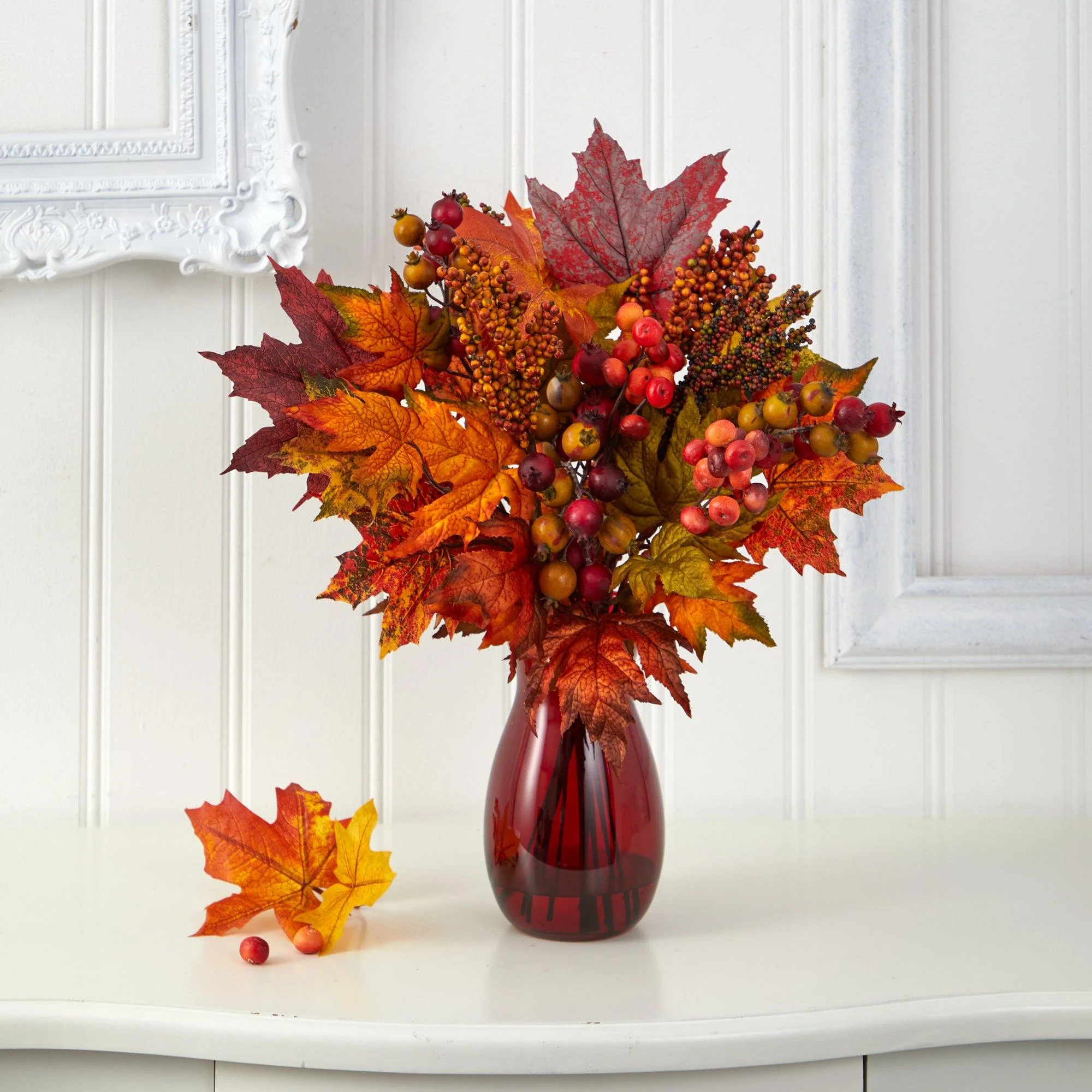 18” Maple Leaf and Berries Artificial Arrangement in Ruby Vase - Image 2
