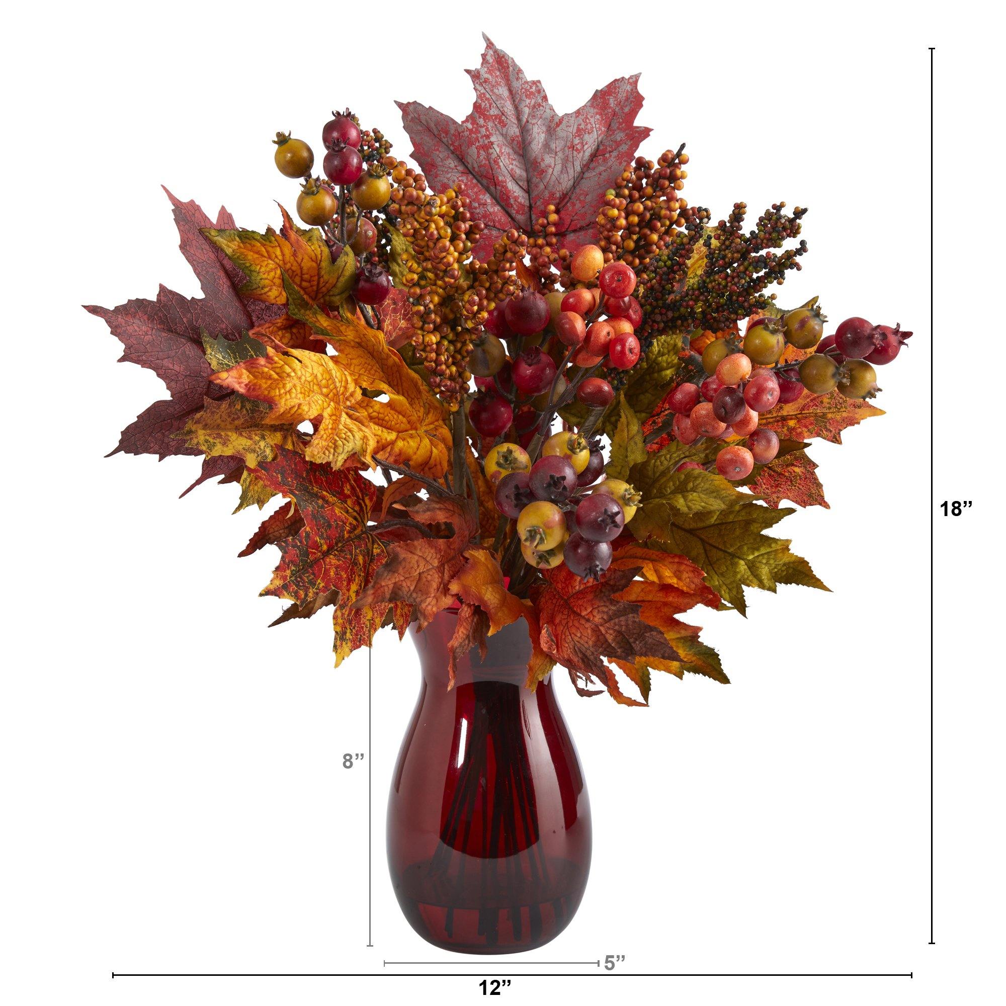 18” Maple Leaf and Berries Artificial Arrangement in Ruby Vase - Image 3