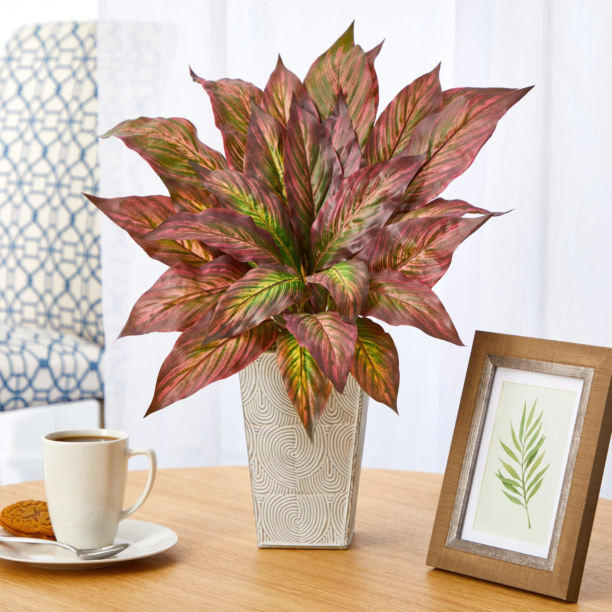 18” Musa Leaf Artificial Plant in Embossed White Planter - Image 3