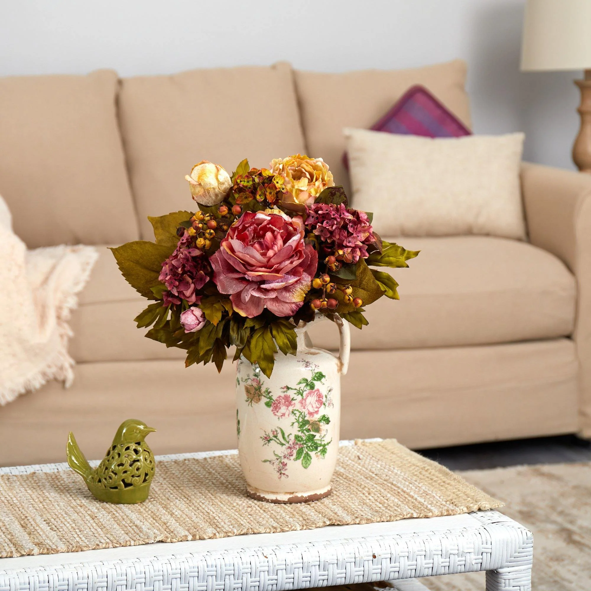 18” Peony Artificial Arrangement in Floral Pitcher - Image 2