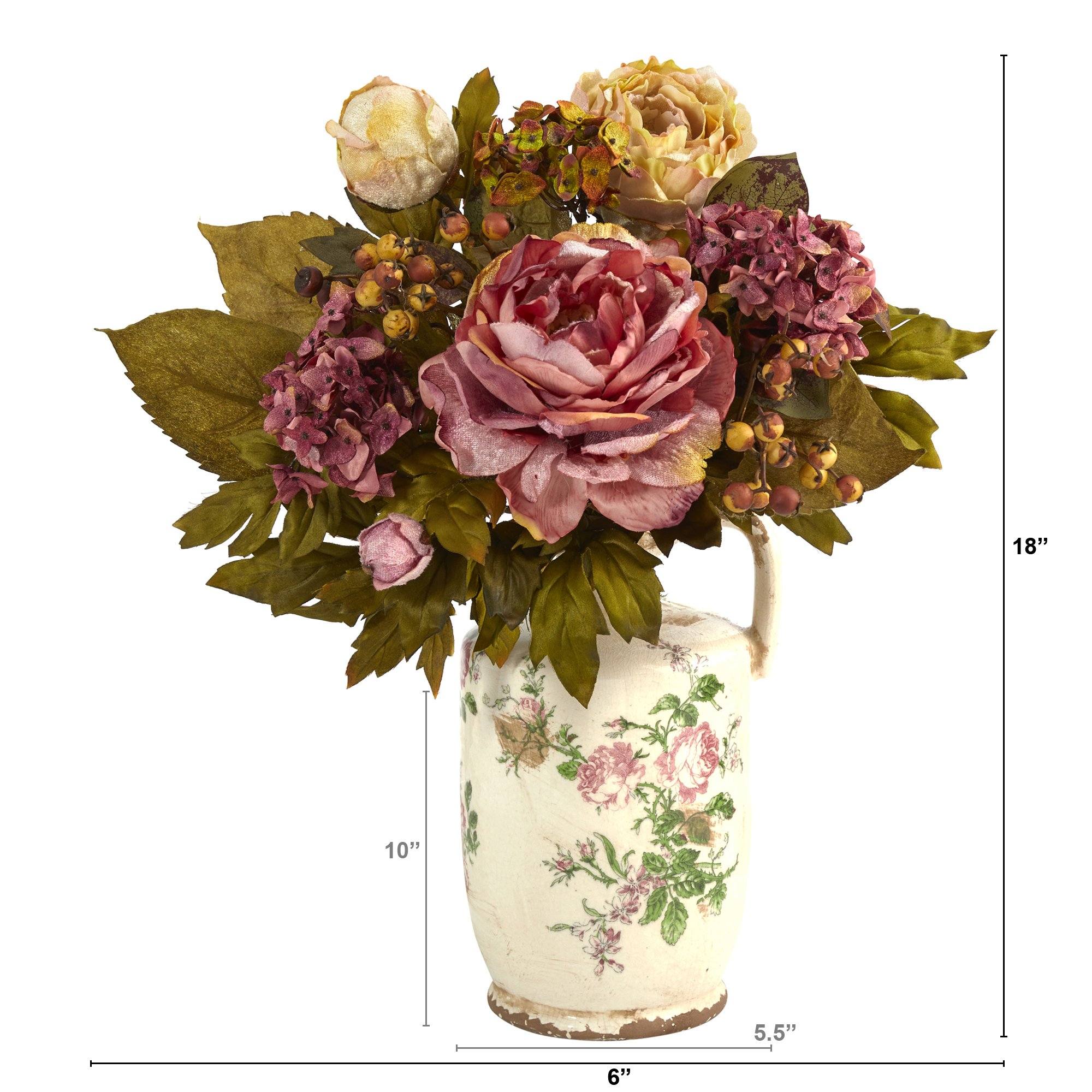 18” Peony Artificial Arrangement in Floral Pitcher - Image 3
