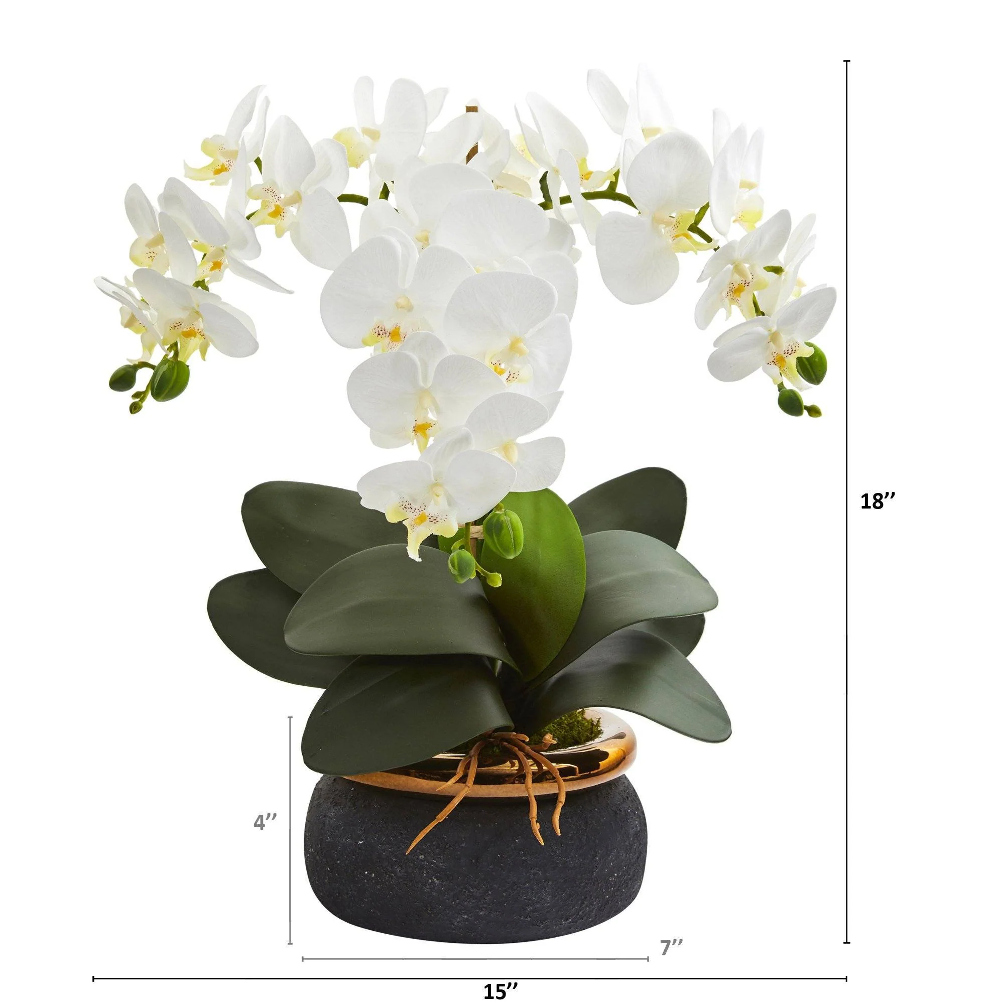18” Phalaenopsis Orchid Artificial Arrangement in Black Vase with Bronze Rim - Image 2