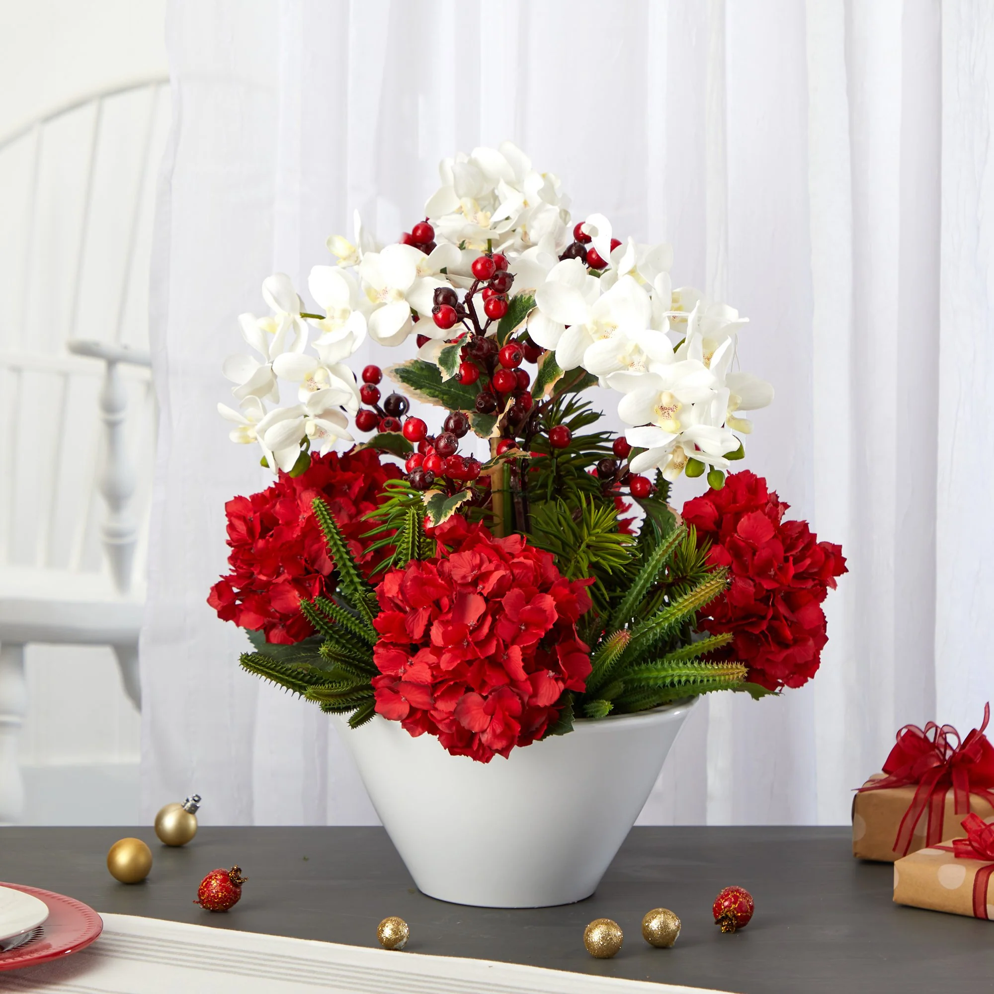 18” Phalaenopsis Orchid, Hydrangea, Cactus and Holly Berry Artificial Arrangement in Vase - Image 3