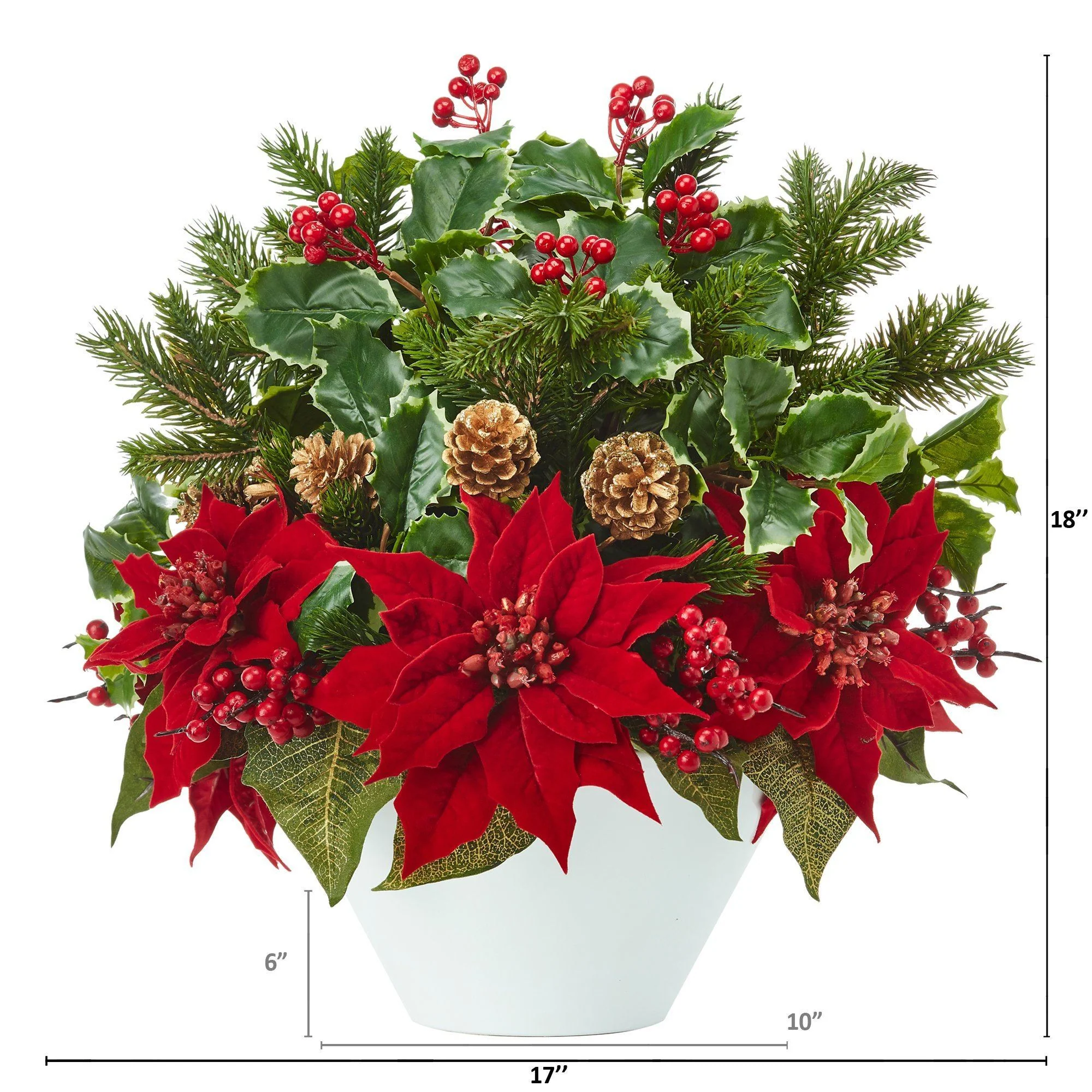 18” Poinsettia, Holly Leaf and Pine Artificial Arrangement in White Vase - Image 2