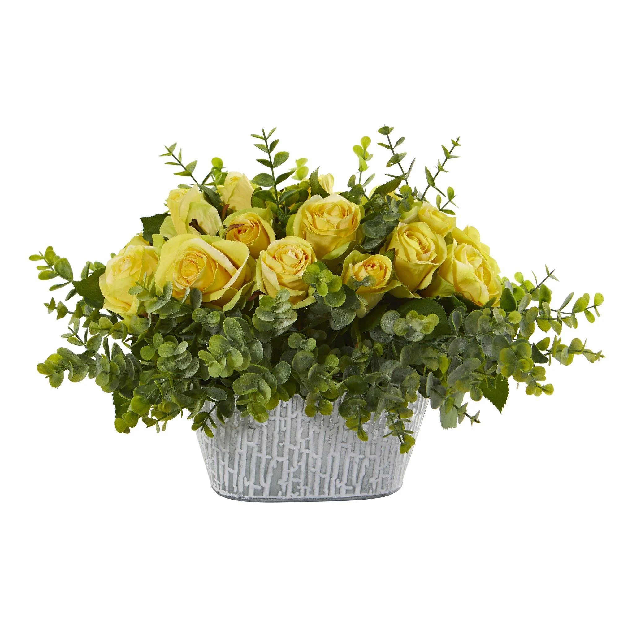 18” Rose and Eucalyptus Arrangement in Tin White Vase - Image 2