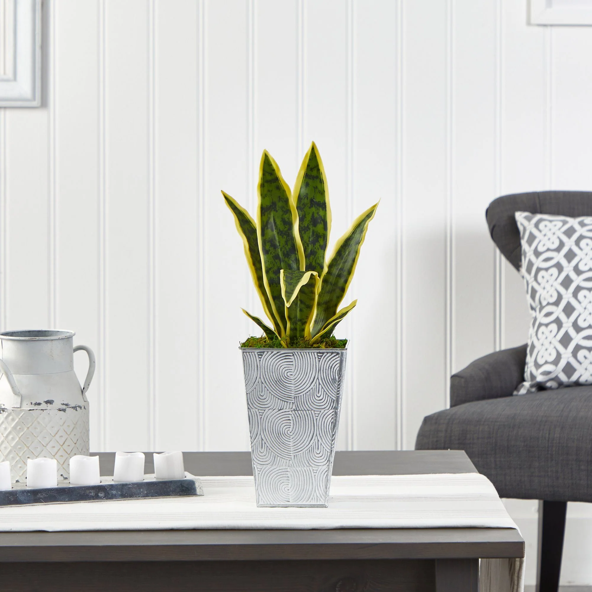 18” Sansevieria Artificial Plant in Embossed White Planter - Image 3