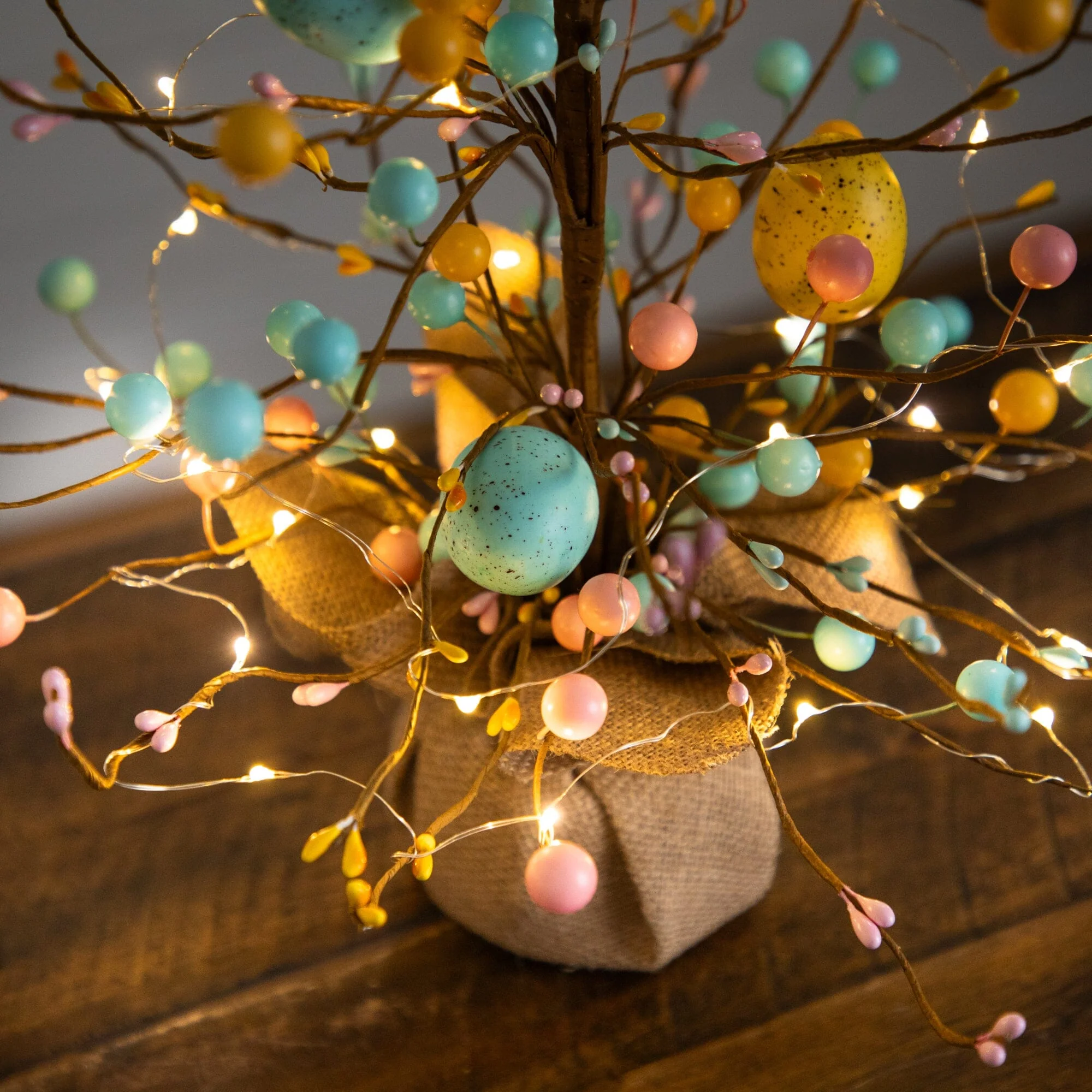 18" Pre-Lit Artificial Easter Egg Twig Tree with 30 LED Lights in Burlap Wrapped Base - Set of 2 - Image 2