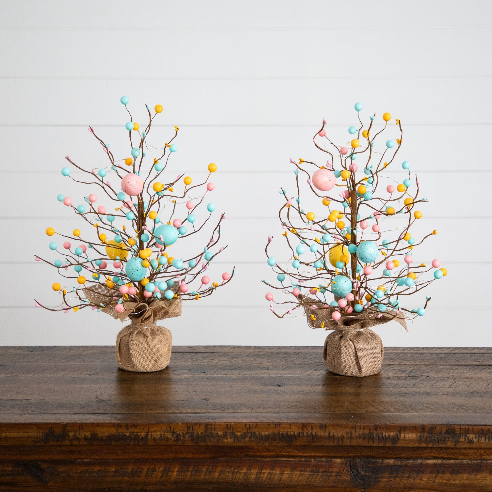 18" Pre-Lit Artificial Easter Egg Twig Tree with 30 LED Lights in Burlap Wrapped Base - Set of 2 - Image 4
