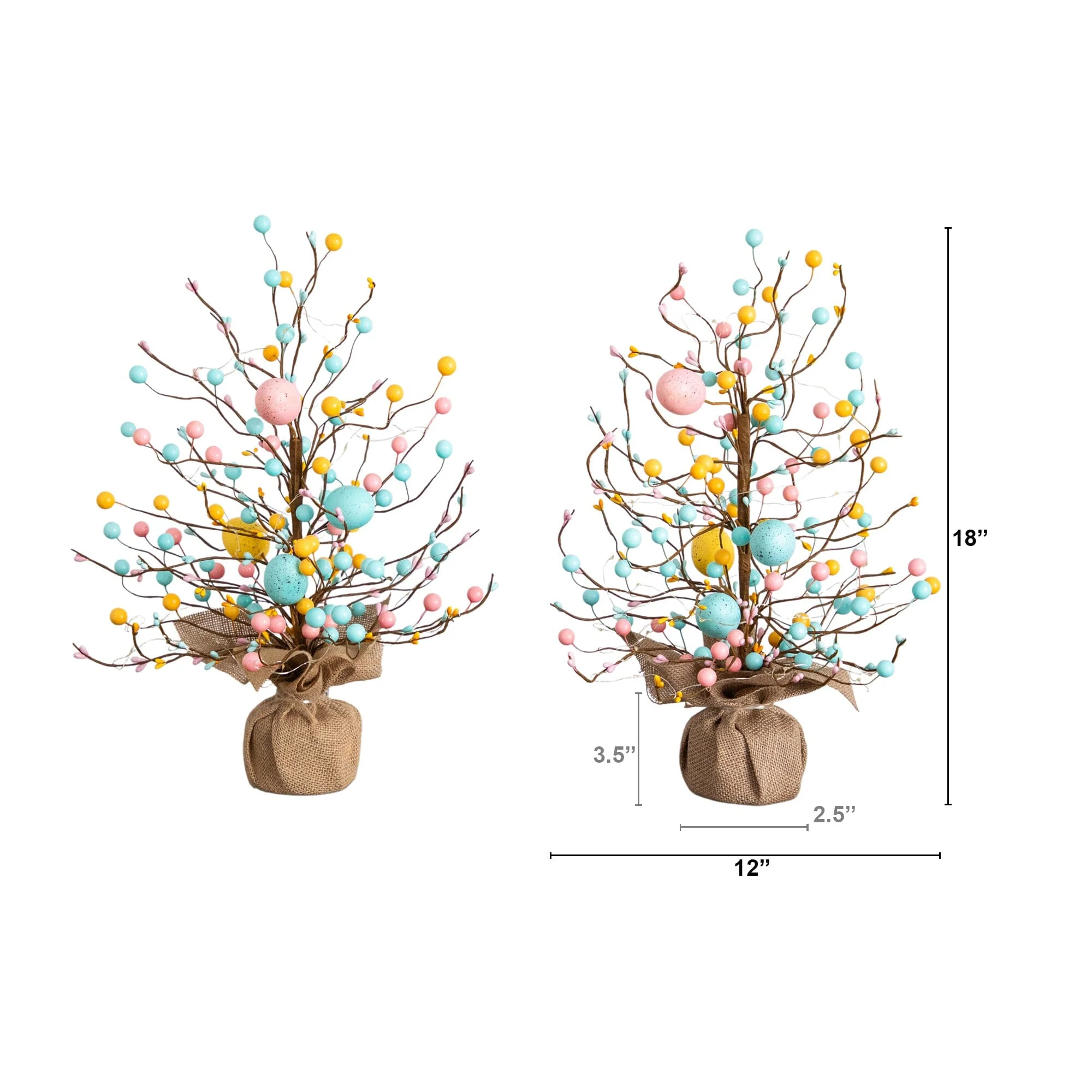 18" Pre-Lit Artificial Easter Egg Twig Tree with 30 LED Lights in Burlap Wrapped Base - Set of 2 - Image 7