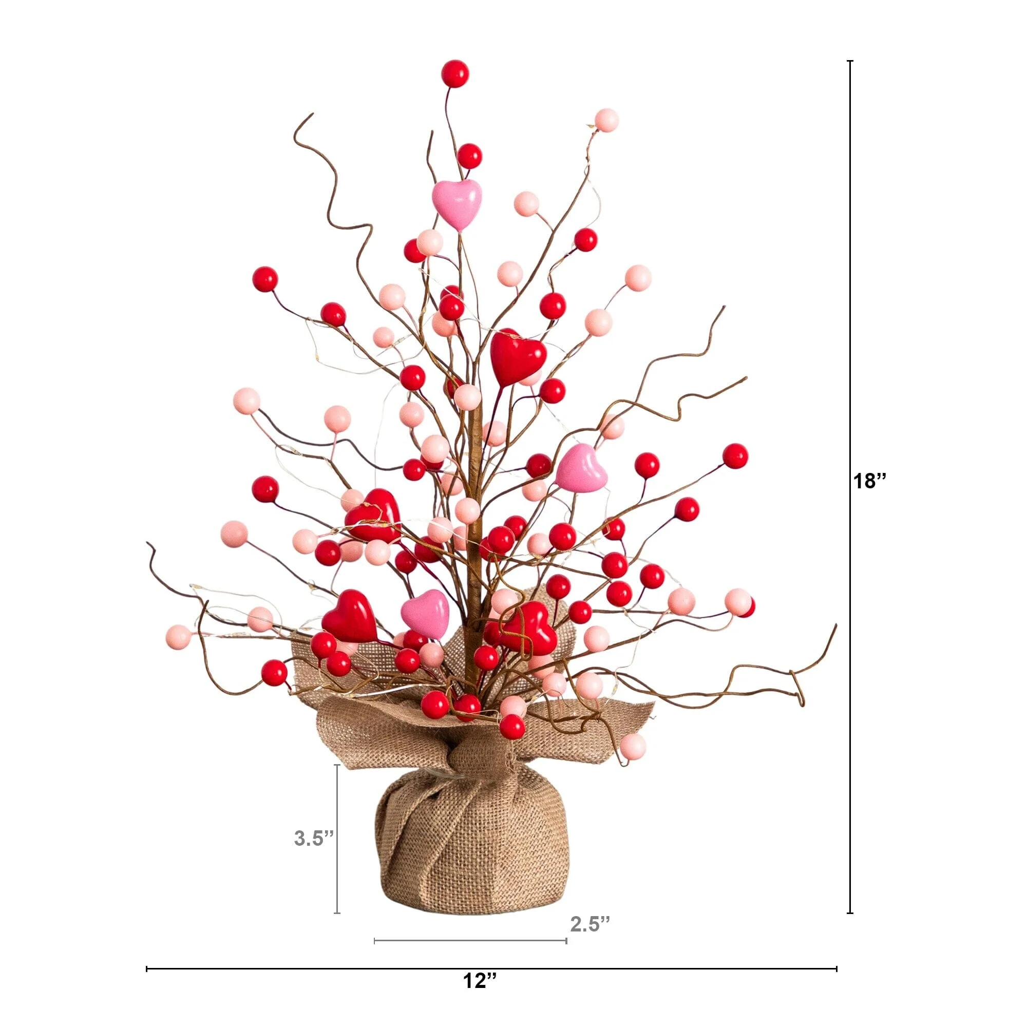 18" Pre-Lit Artificial Valentine's Day Heart & Berry Twig Tree with 30 LED String Lights in Burlap Wrapped Base - Image 8