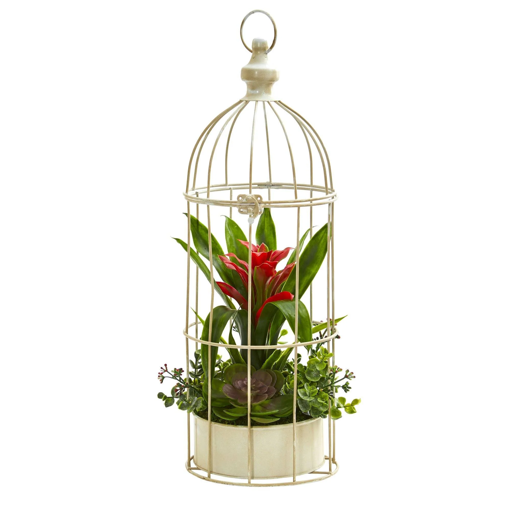 19” Bromeliad & Succulent Artificial Arrangement in Bird Cage - Image 3