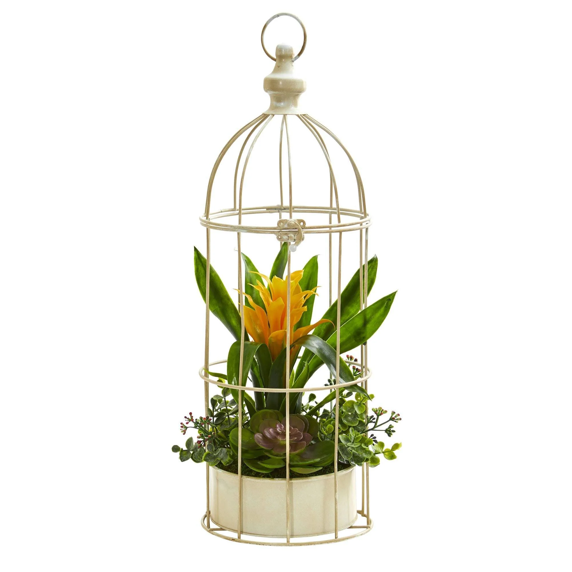 19” Bromeliad & Succulent Artificial Arrangement in Bird Cage - Image 4
