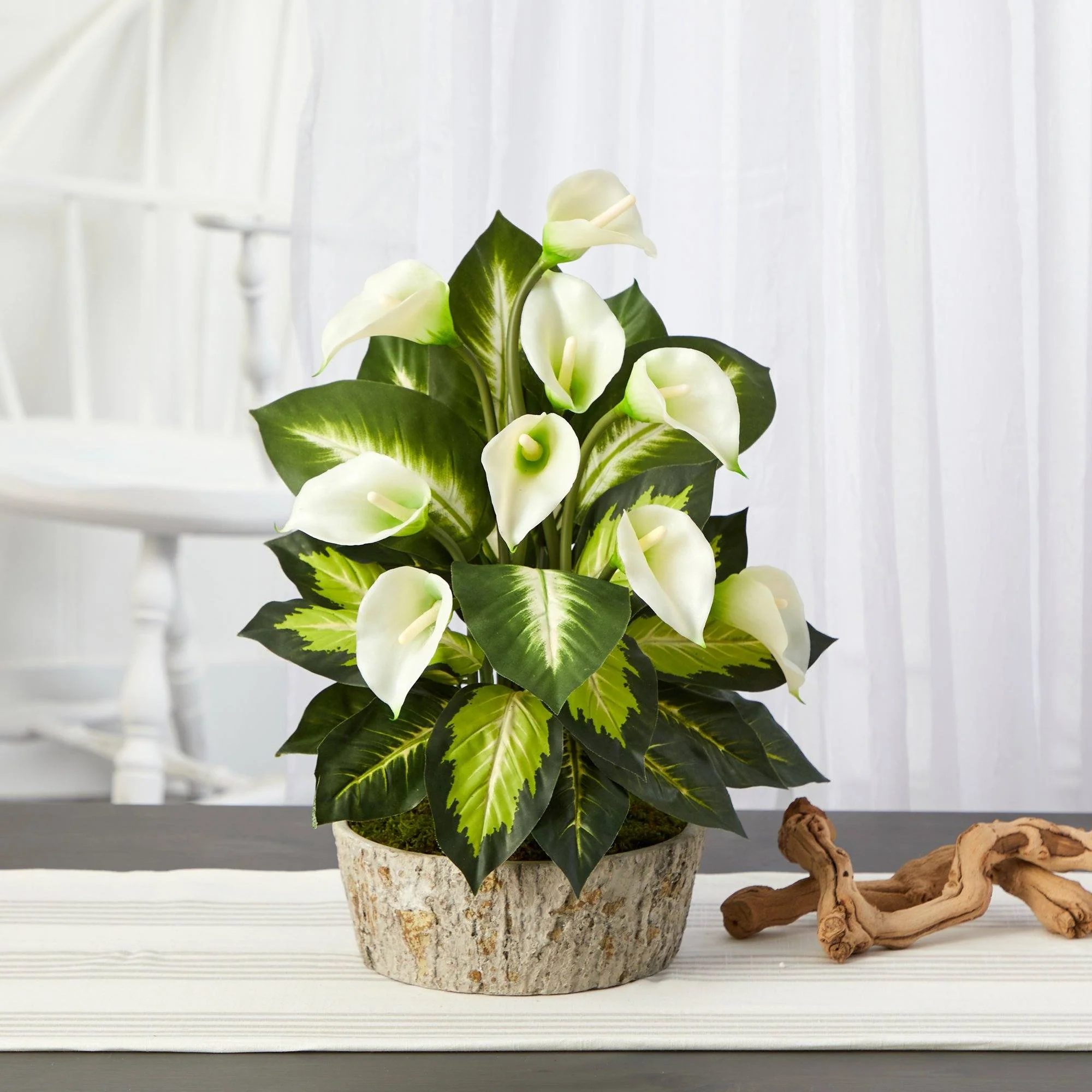 19” Calla Lily and Golden Dieffenbachia Artificial Plant in Weathered Oak Planter - Image 3