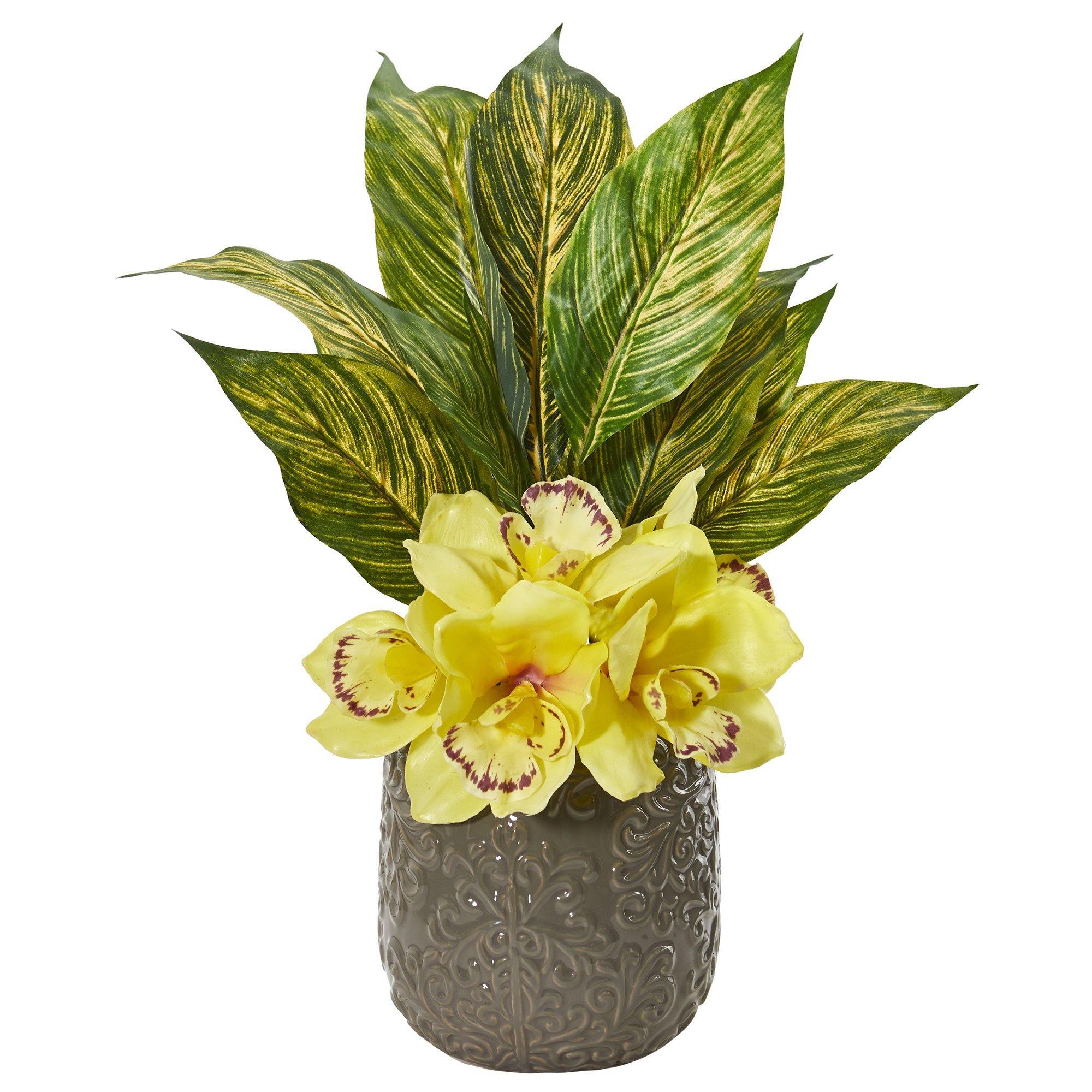 Cymbidium Orchid and Musa Leaf Artificial Arrangement - Image 2