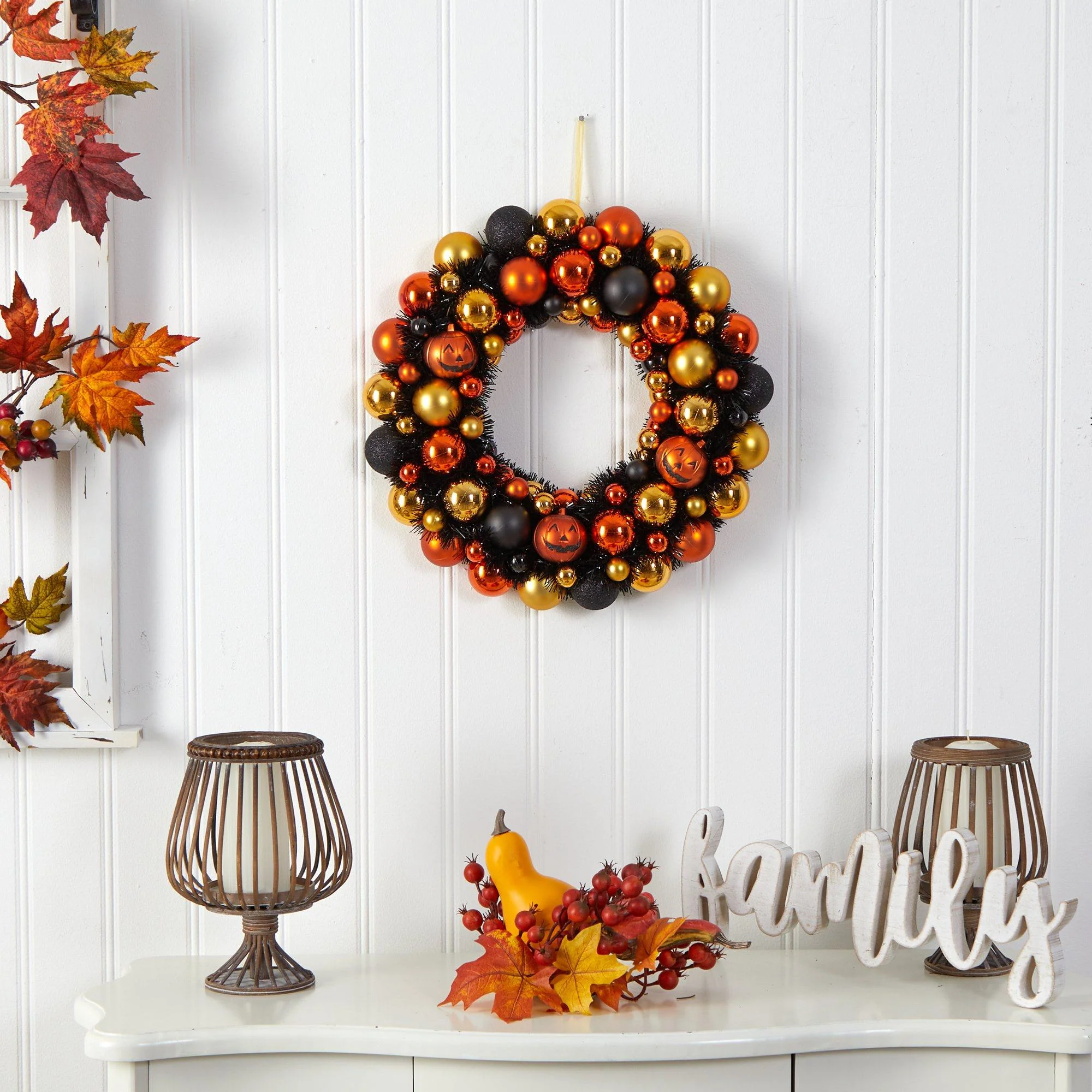 19” Halloween Shatterproof Jack O'lantern Pumpkin Ornament Wreath - Image 2