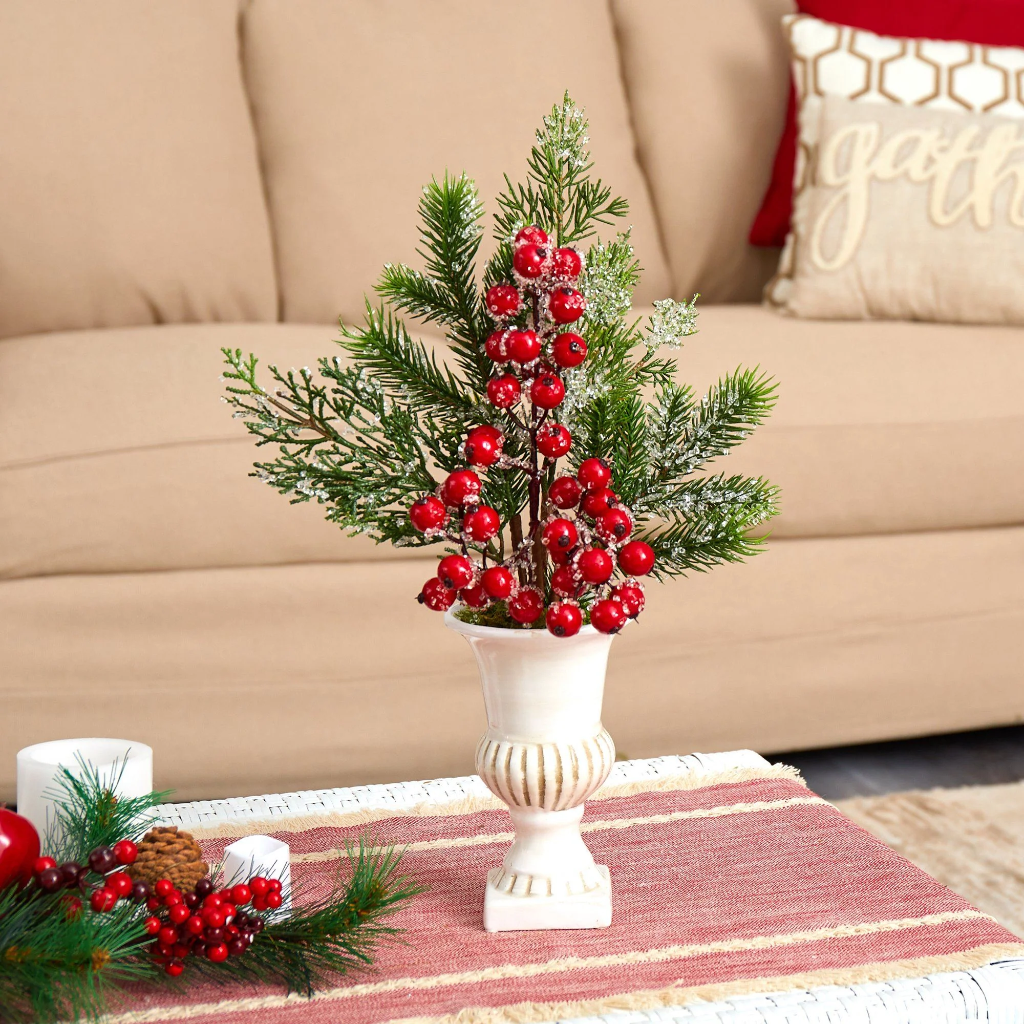 19” Iced Pine and Berries Artificial Arrangement in White Urn - Image 2
