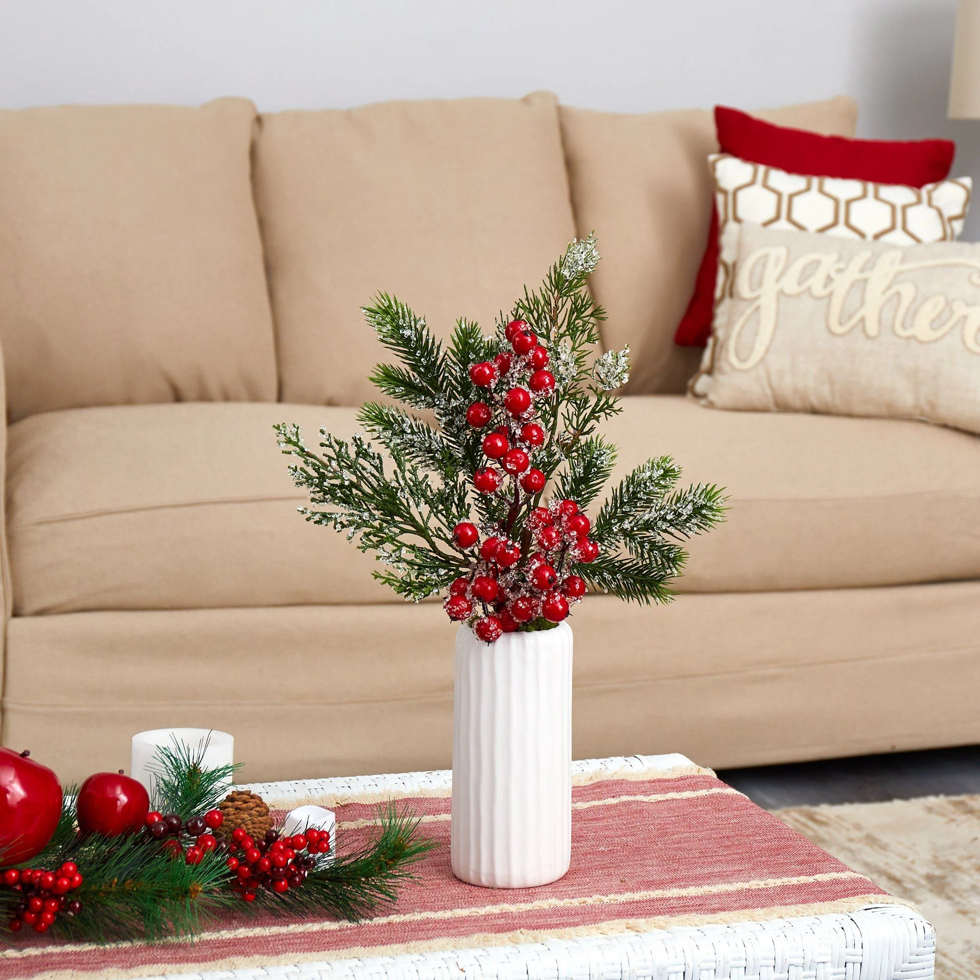 19” Iced Pine and Berries Artificial Arrangement in White Vase - Image 2