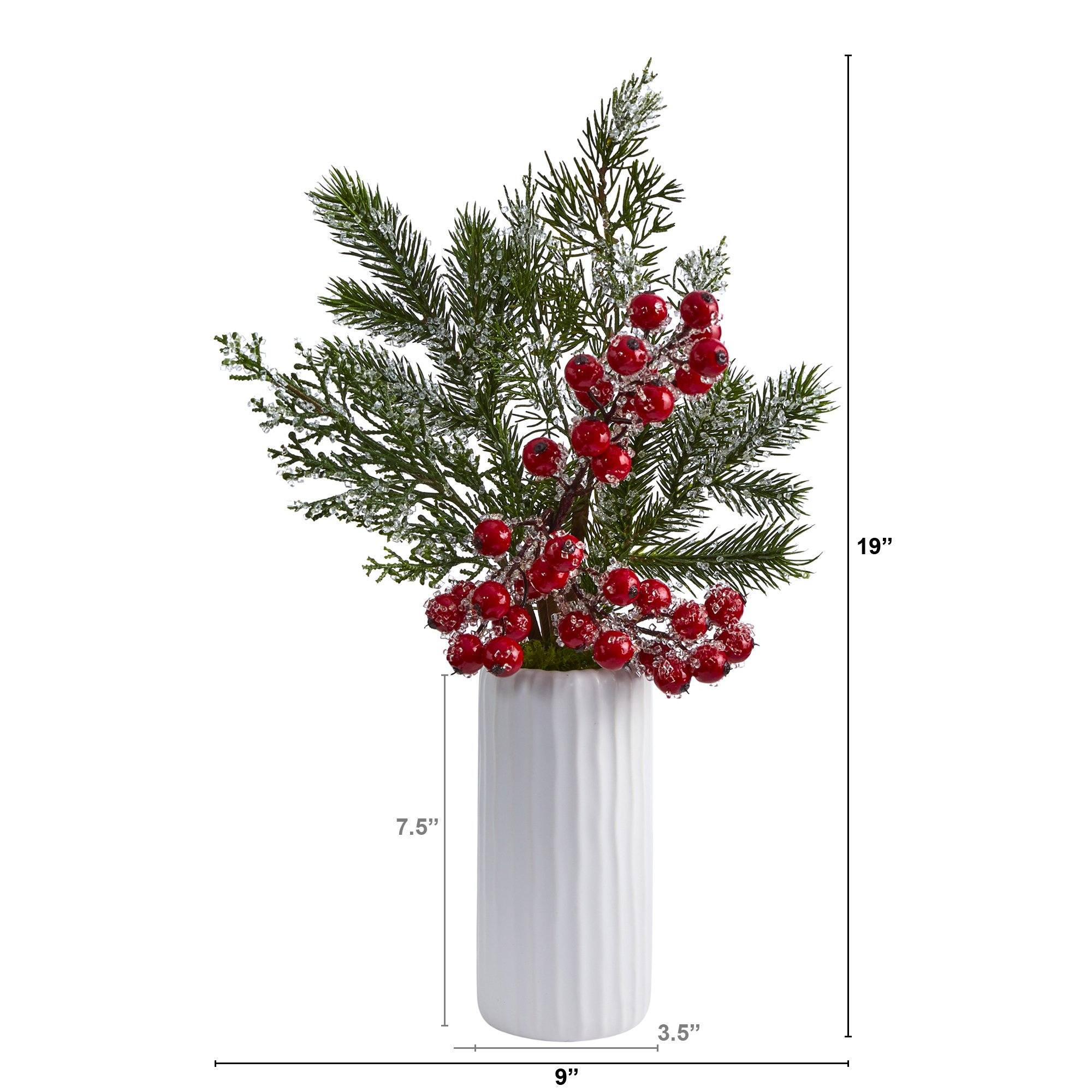 19” Iced Pine and Berries Artificial Arrangement in White Vase - Image 3